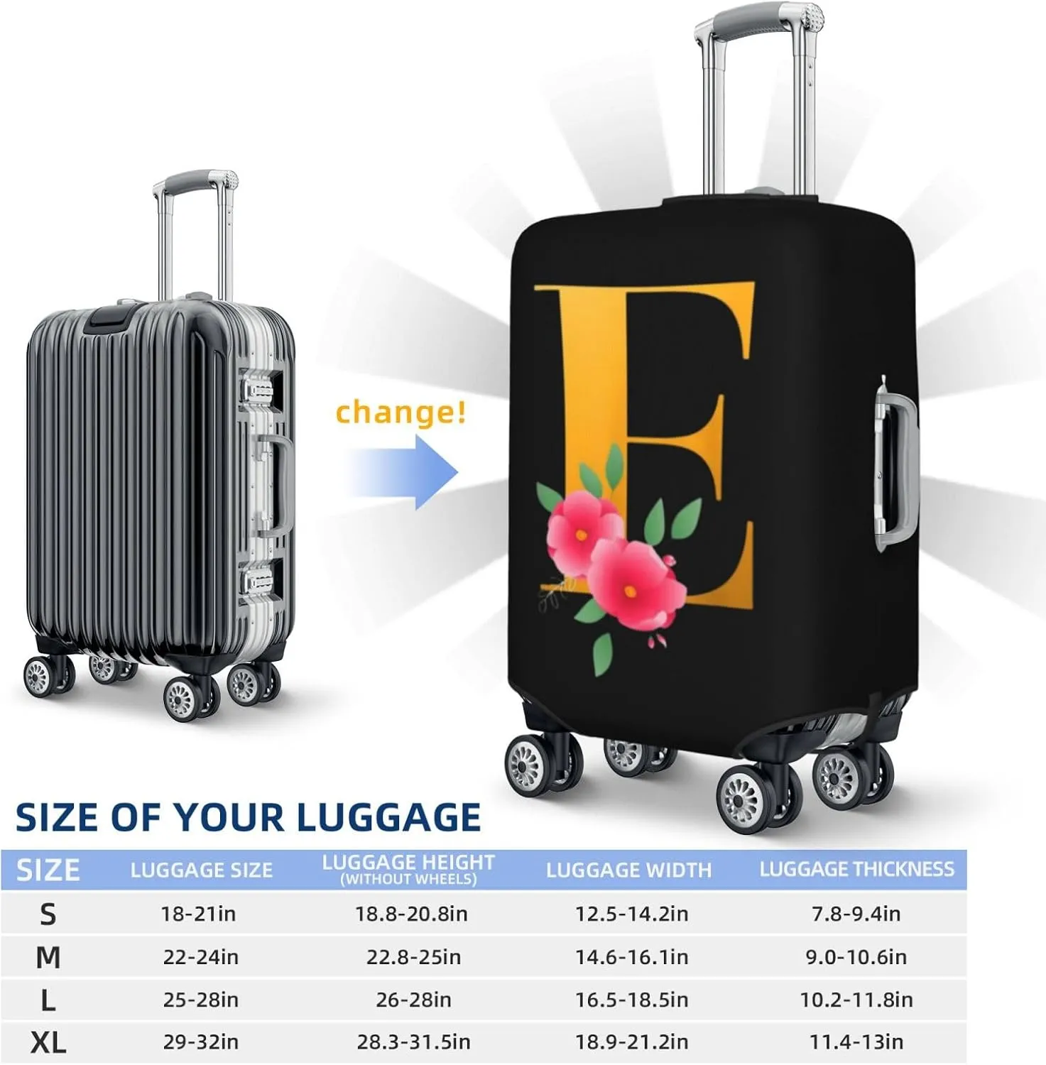Luggage Cover Flower Golden Letter E Suitcase Protector fits 18-32inch Travel Suitcase Cover Dustproof Washable with Concealed Zipper for Wheeled Suitcase LC817
