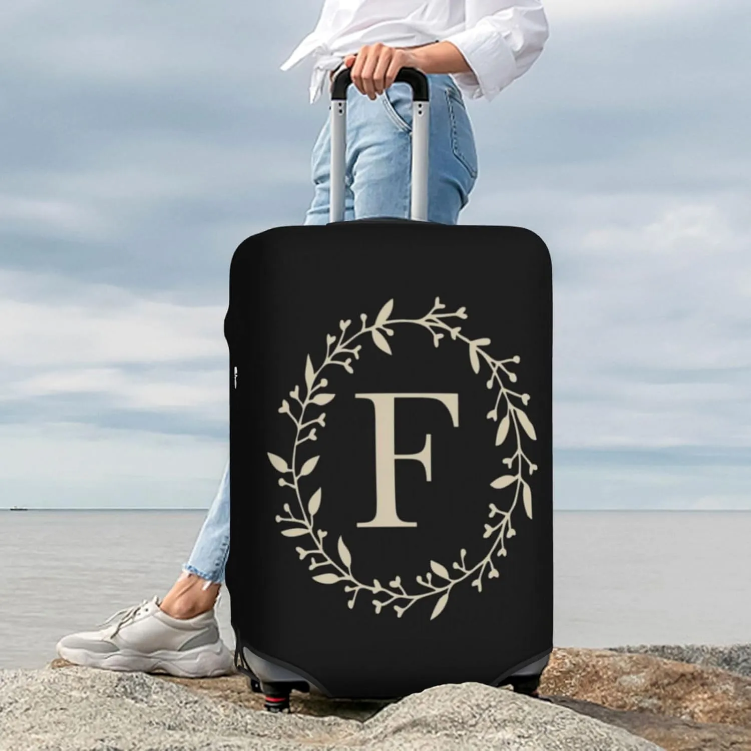 Luggage Cover Flower Golden Letter F Black Suitcase Protector fits 18-32inch Travel Suitcase Cover Dustproof Washable with Concealed Zipper for Wheeled Suitcase LC22