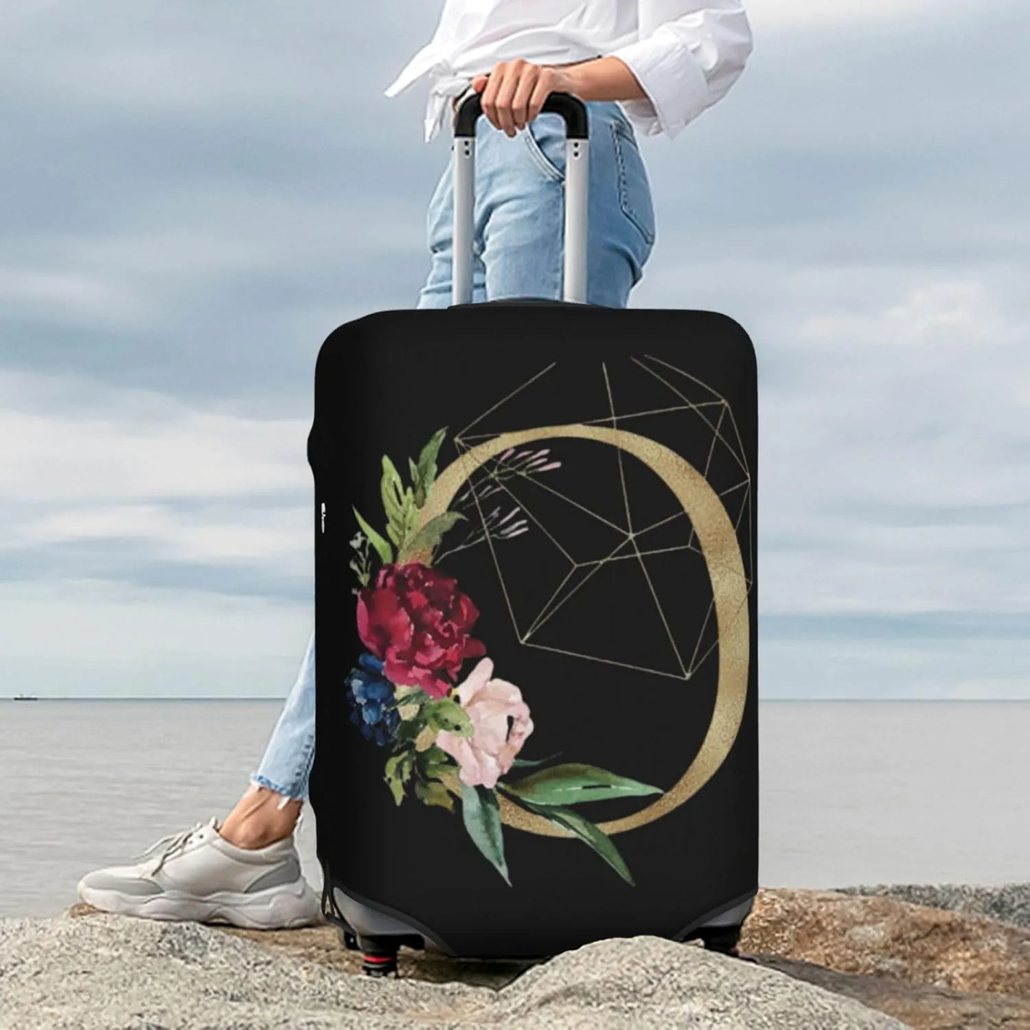 Luggage Cover Flower Golden Letter O Black Suitcase Protector fits 18-32inch Travel Suitcase Cover Washable Dustproof with Concealed Zipper for Wheeled Suitcase LC160