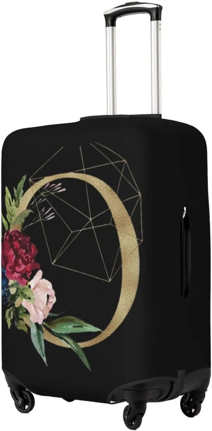 Luggage Cover Flower Golden Letter O Black Suitcase Protector fits 18-32inch Travel Suitcase Cover Washable Dustproof with Concealed Zipper for Wheeled Suitcase LC160