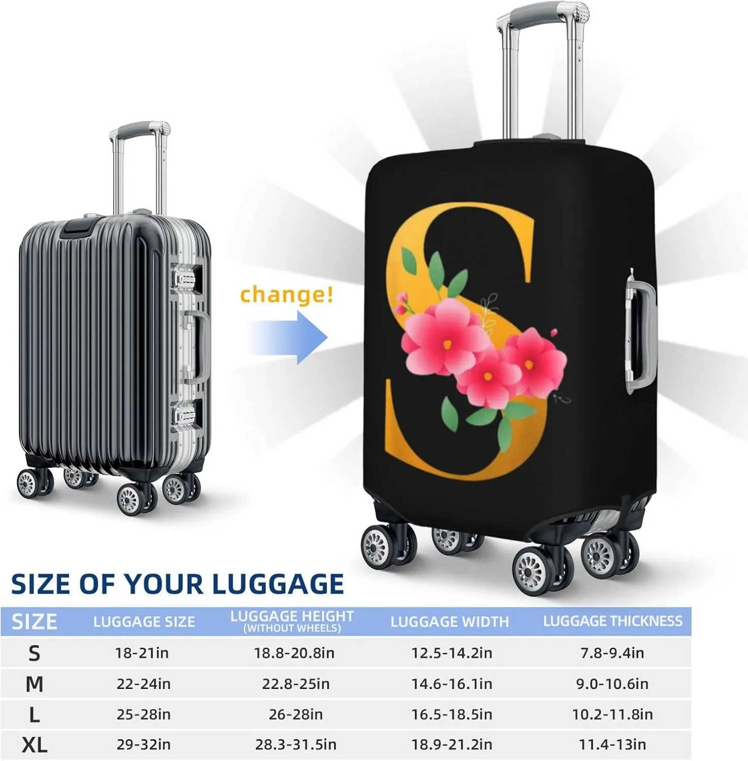 Luggage Cover Flower Golden Letter S Suitcase Protector fits 18-32inch Travel Suitcase Cover Dustproof Washable with Concealed Zipper for Wheeled Suitcase LC873