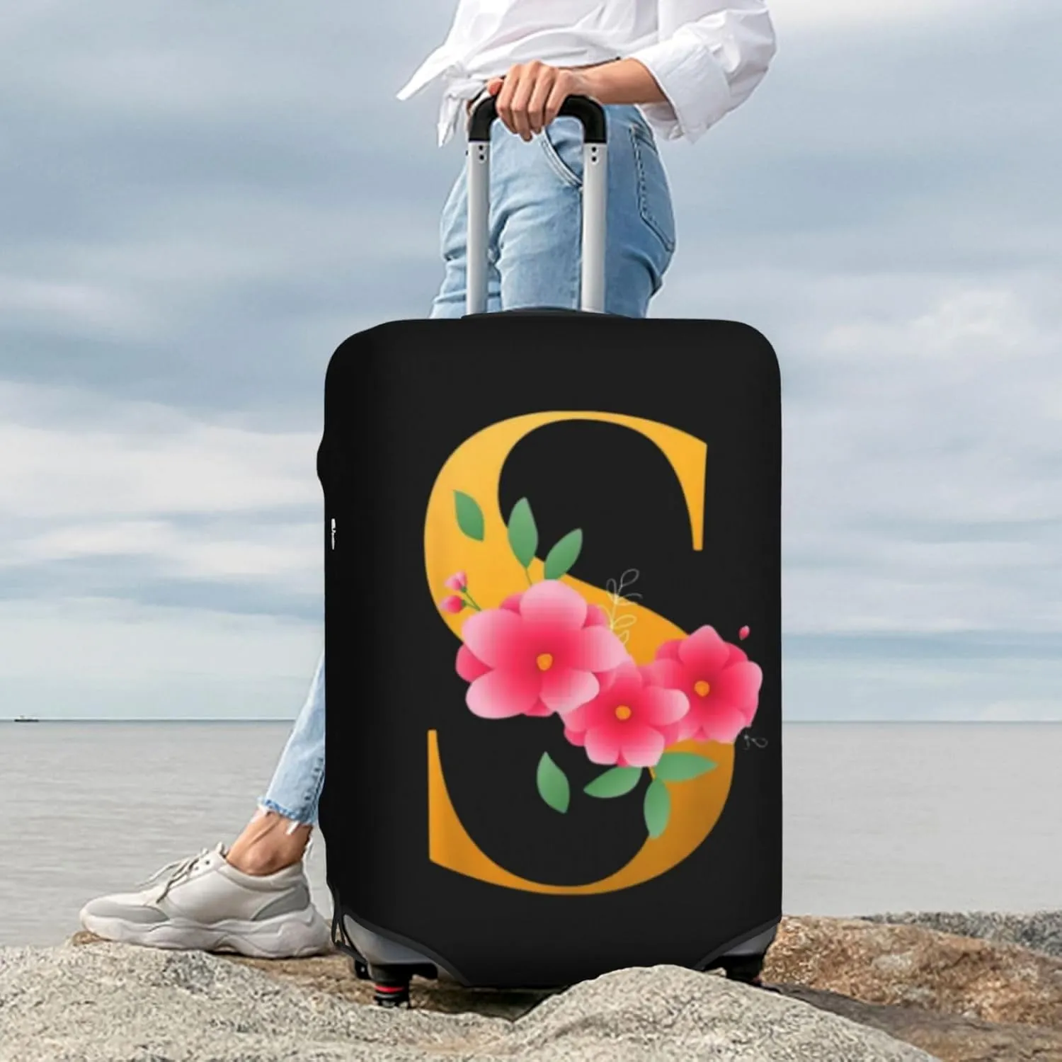 Luggage Cover Flower Golden Letter S Suitcase Protector fits 18-32inch Travel Suitcase Cover Dustproof Washable with Concealed Zipper for Wheeled Suitcase LC873