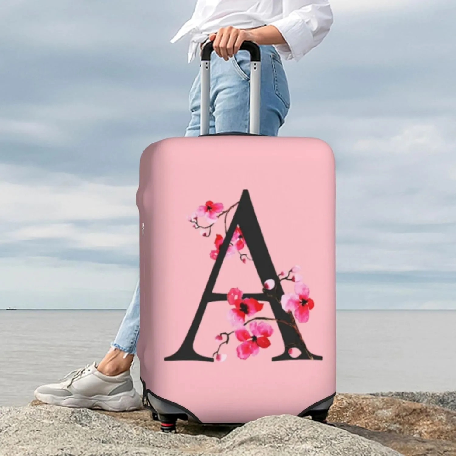 Luggage Cover Flower Letter A Pink Suitcase Protector fits 18-32inch Suitcase Cover Washable Dustproof with Concealed Zipper for Wheeled Suitcase LC107