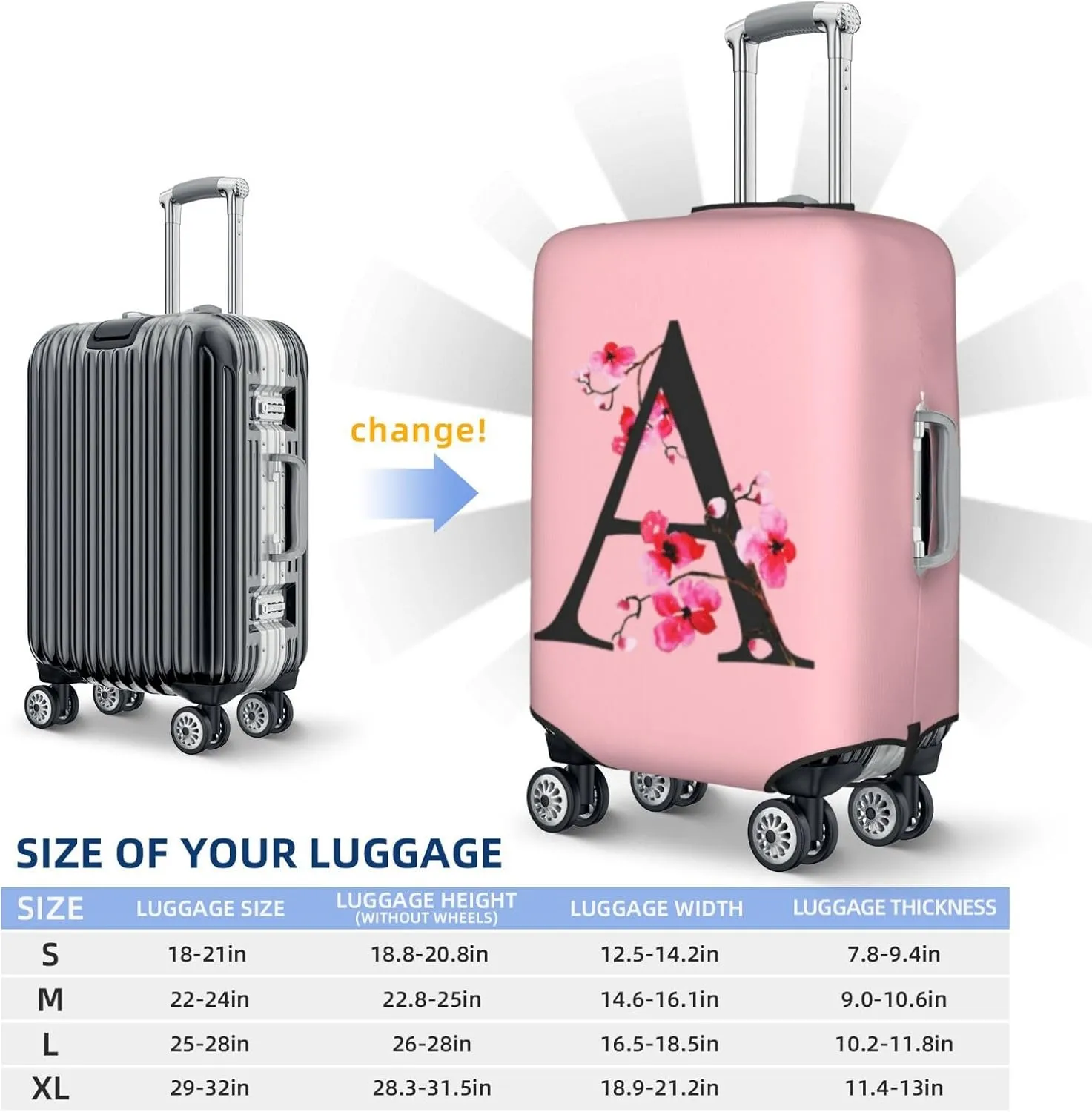 Luggage Cover Flower Letter A Pink Suitcase Protector fits 18-32inch Suitcase Cover Washable Dustproof with Concealed Zipper for Wheeled Suitcase LC107
