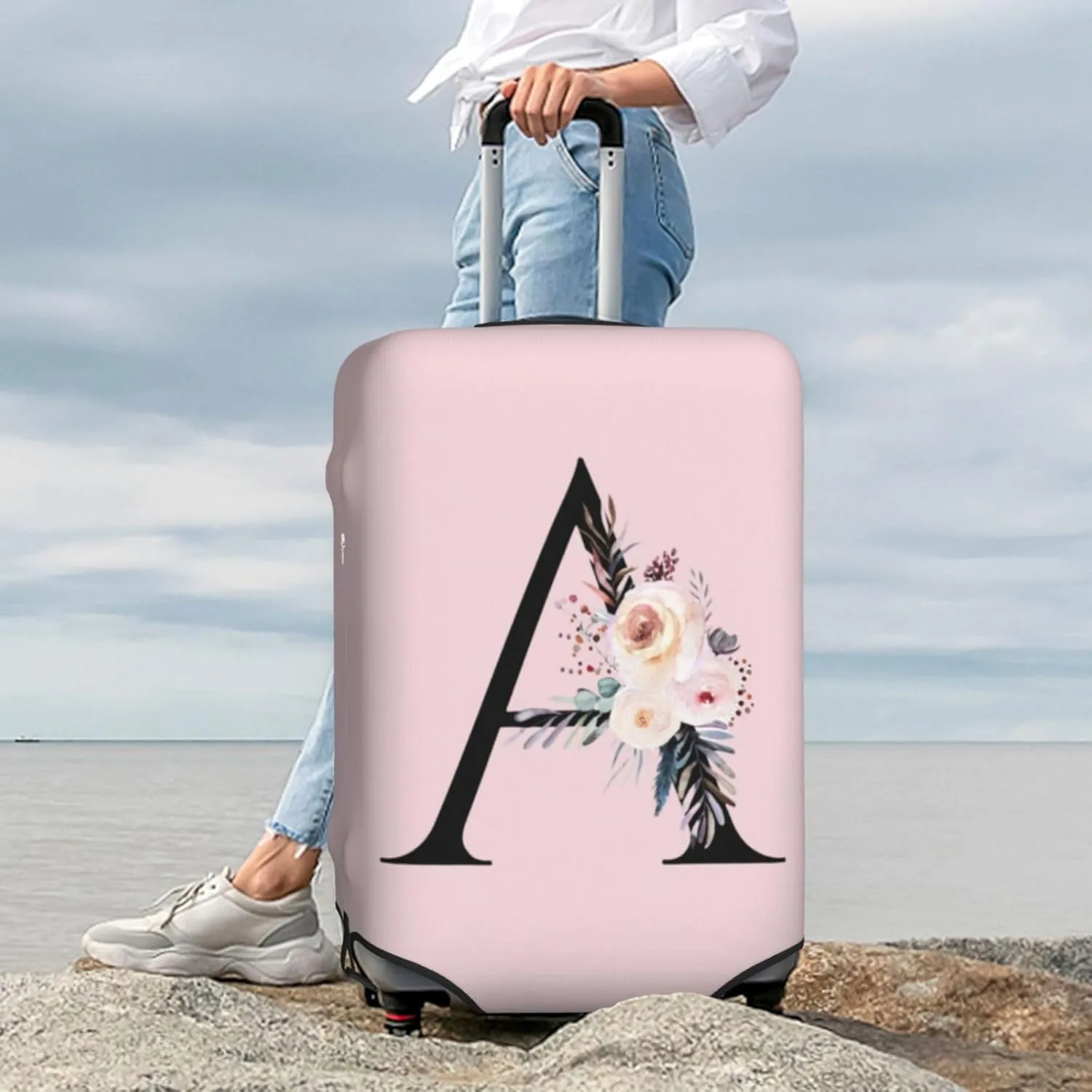 Luggage Cover Flower Letter A Pink Suitcase Protector fits 18-32inch Travel Suitcase Cover Washable Dustproof with Concealed Zipper for Wheeled Suitcase LC386