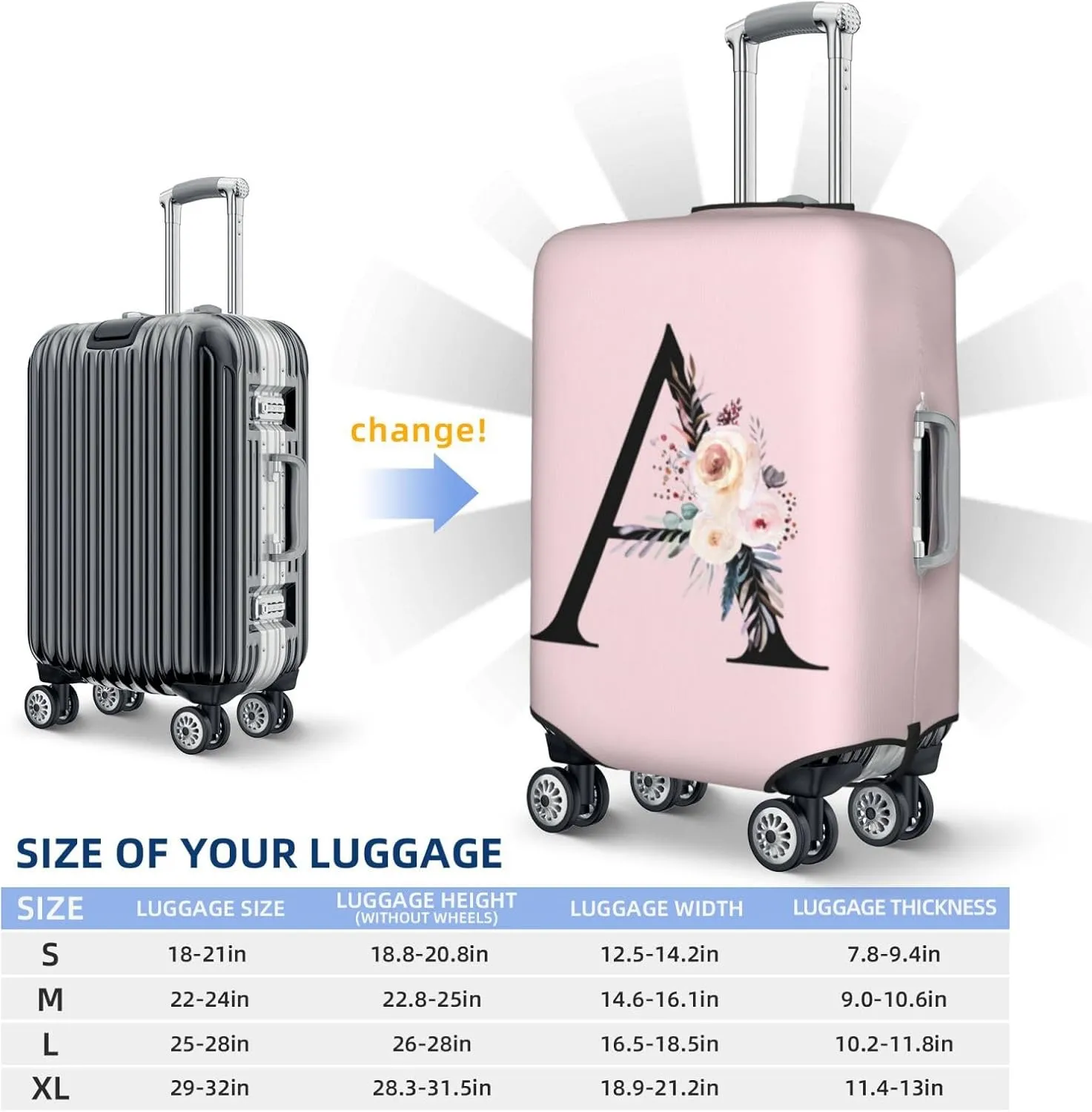 Luggage Cover Flower Letter A Pink Suitcase Protector fits 18-32inch Travel Suitcase Cover Washable Dustproof with Concealed Zipper for Wheeled Suitcase LC386
