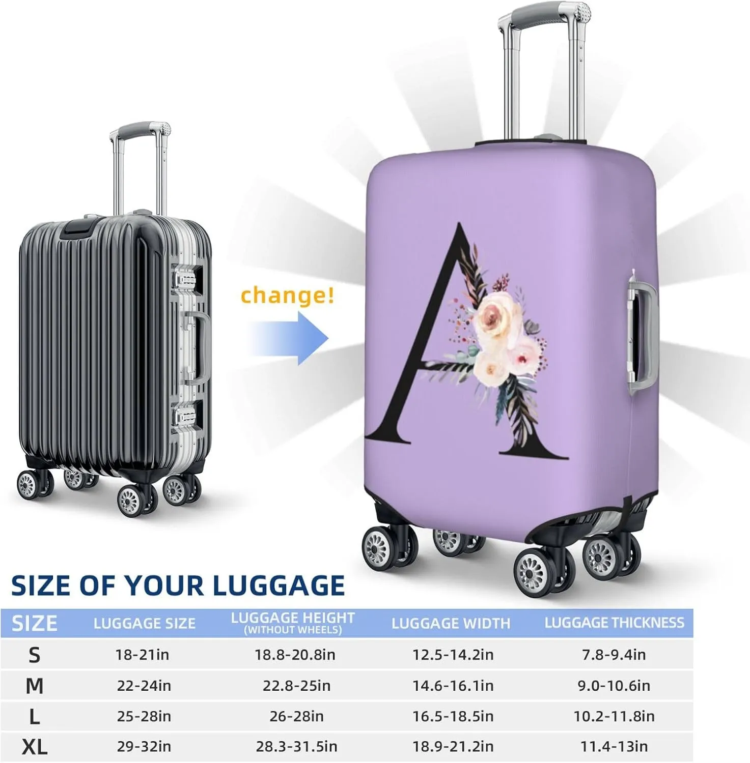 Luggage Cover Flower Letter A Purple Suitcase Protector fits 18-32inch Travel Suitcase Cover Washable Dustproof with Concealed Zipper for Wheeled Suitcase LC595