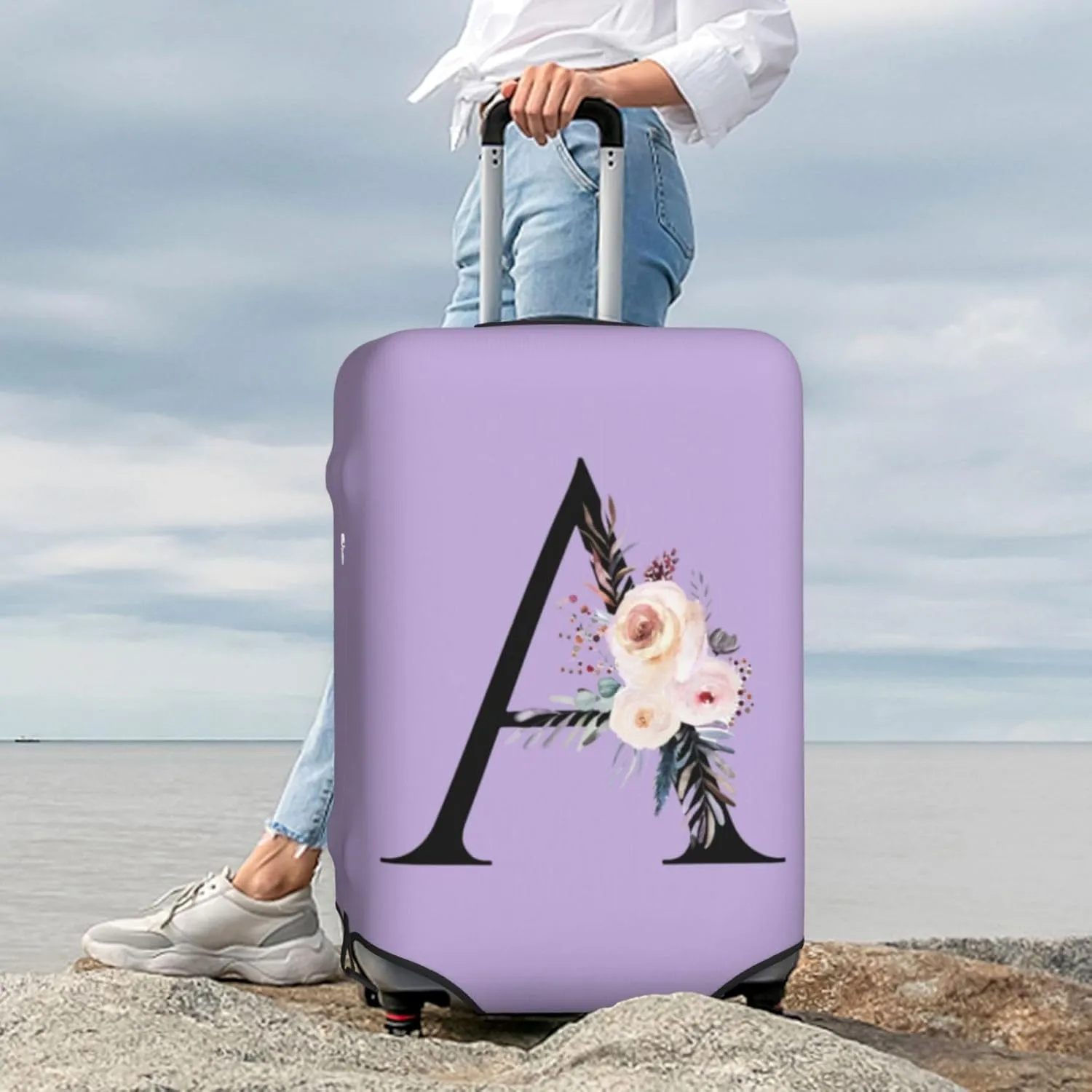 Luggage Cover Flower Letter A Purple Suitcase Protector fits 18-32inch Travel Suitcase Cover Washable Dustproof with Concealed Zipper for Wheeled Suitcase LC595