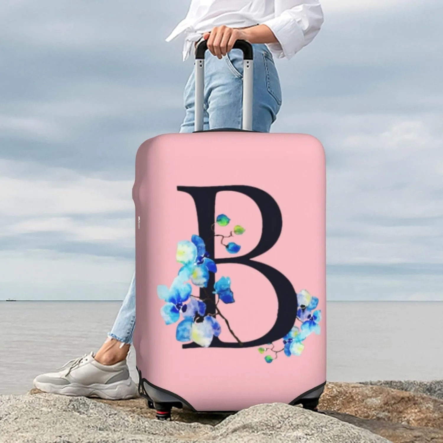 Luggage Cover Flower Letter B Pink Suitcase Protector fits 18-32inch Suitcase Cover Washable Dustproof with Concealed Zipper for Wheeled Suitcase LC111