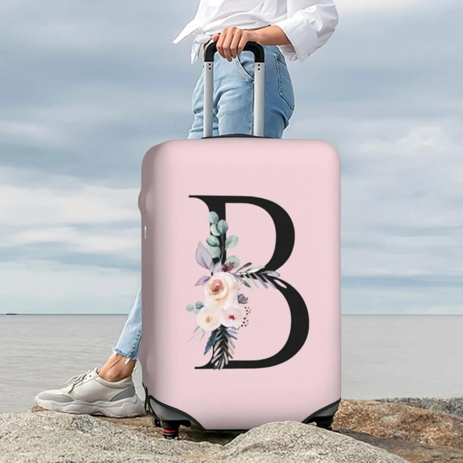 Luggage Cover Flower Letter B Pink Suitcase Protector fits 18-32inch Travel Suitcase Cover Washable Dustproof with Concealed Zipper for Wheeled Suitcase LC390