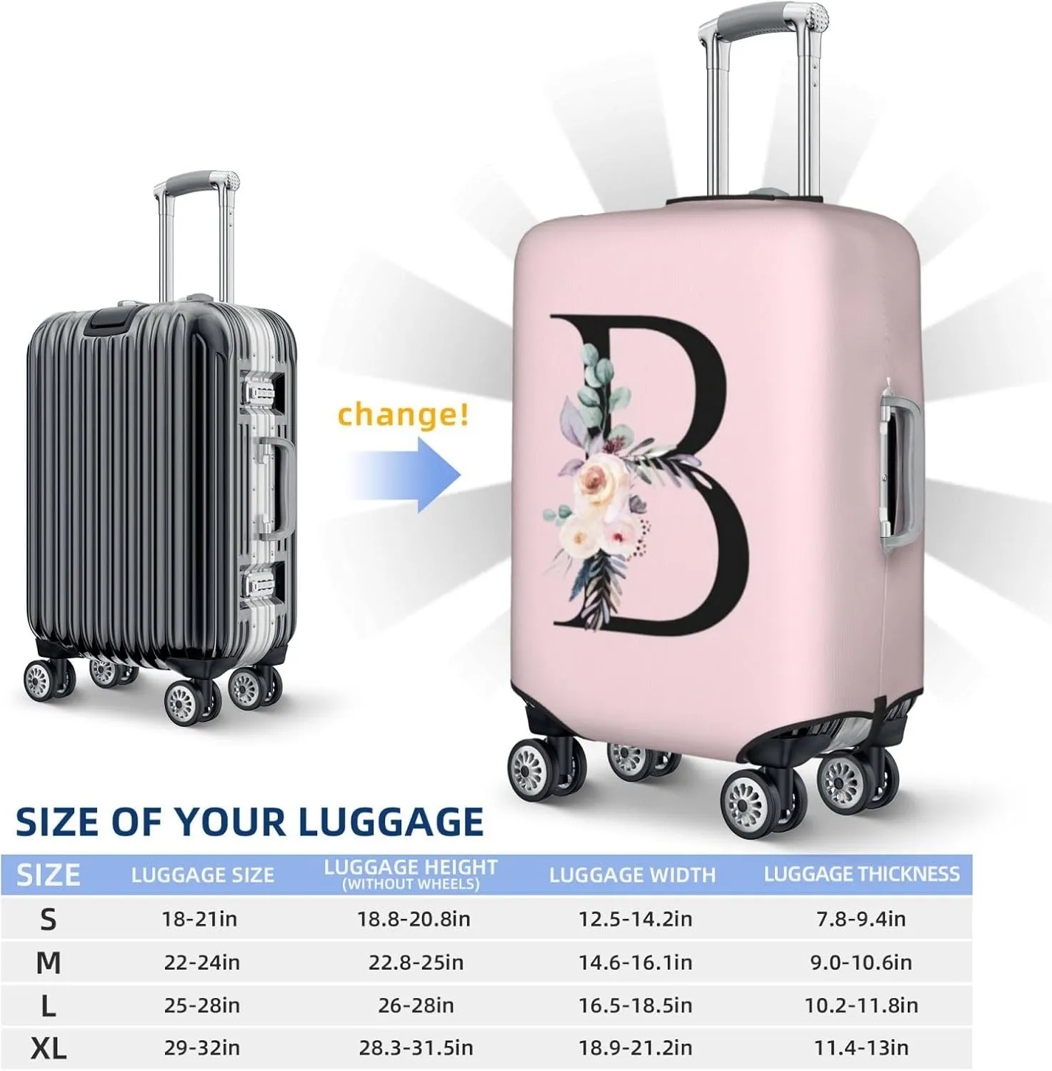 Luggage Cover Flower Letter B Pink Suitcase Protector fits 18-32inch Travel Suitcase Cover Washable Dustproof with Concealed Zipper for Wheeled Suitcase LC390