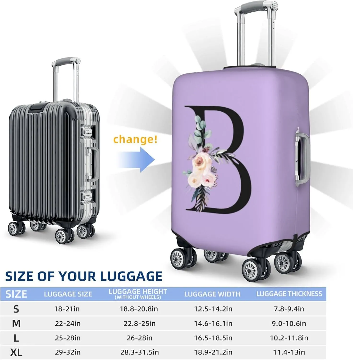 Luggage Cover Flower Letter B Purple Suitcase Protector fits 18-32inch Travel Suitcase Cover Washable Dustproof with Concealed Zipper for Wheeled Suitcase LC599