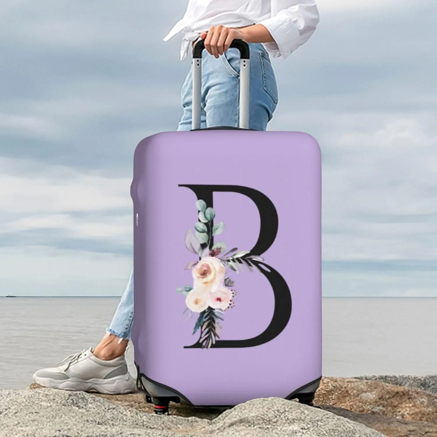 Luggage Cover Flower Letter B Purple Suitcase Protector fits 18-32inch Travel Suitcase Cover Washable Dustproof with Concealed Zipper for Wheeled Suitcase LC599