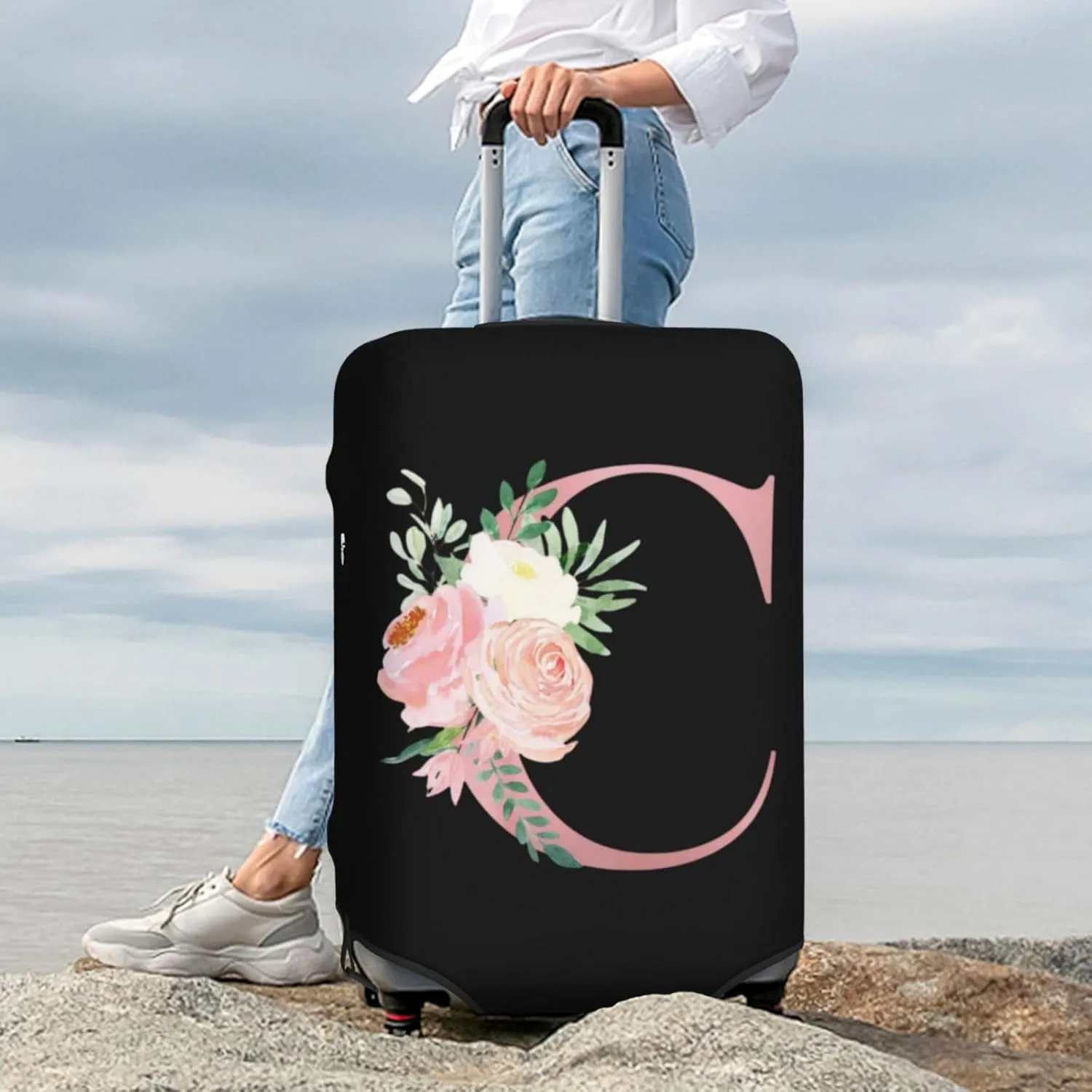 Luggage Cover Flower Letter C Black Suitcase Protector fits 18-32inch Travel Suitcase Cover Washable Dustproof with Concealed Zipper for Wheeled Suitcase LC1007