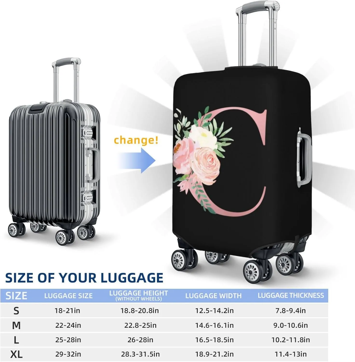 Luggage Cover Flower Letter C Black Suitcase Protector fits 18-32inch Travel Suitcase Cover Washable Dustproof with Concealed Zipper for Wheeled Suitcase LC1007