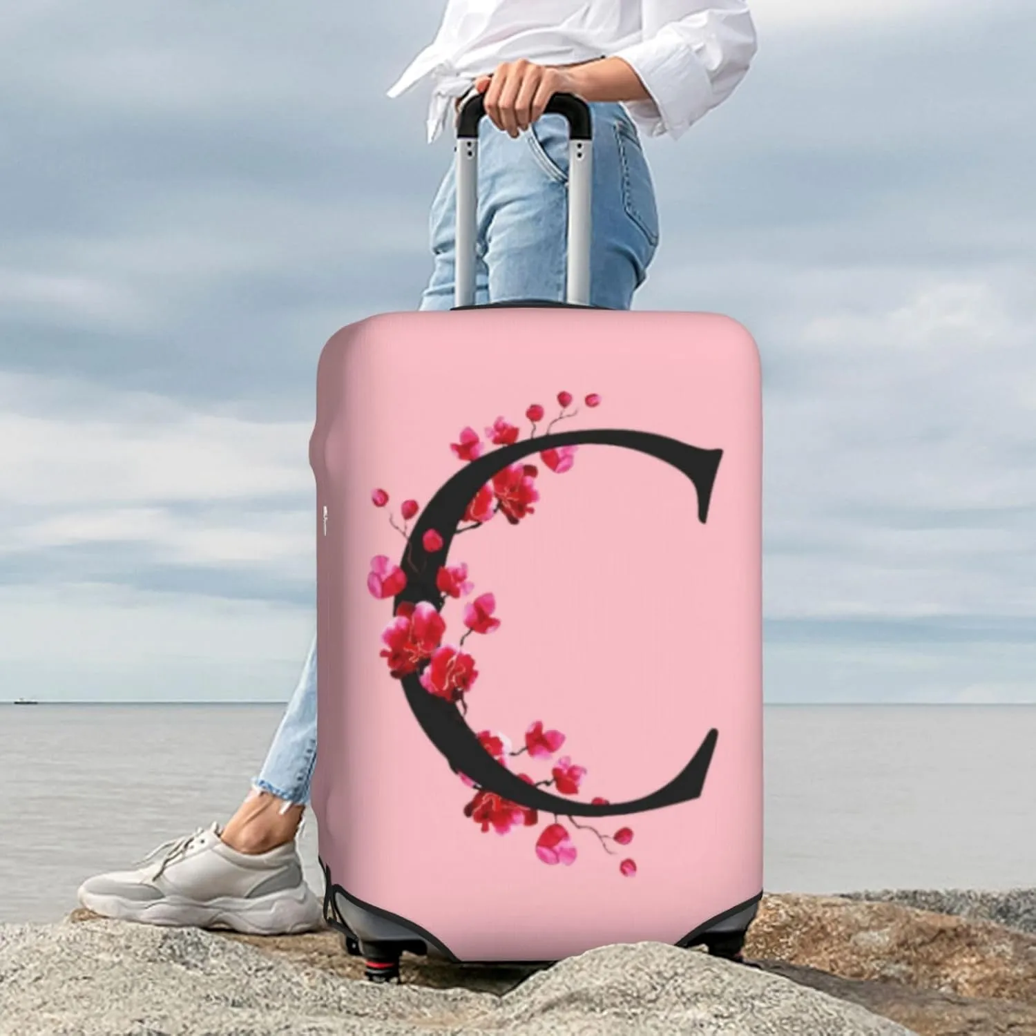 Luggage Cover Flower Letter C Pink Suitcase Protector fits 18-32inch Suitcase Cover Washable Dustproof with Concealed Zipper for Wheeled Suitcase LC115
