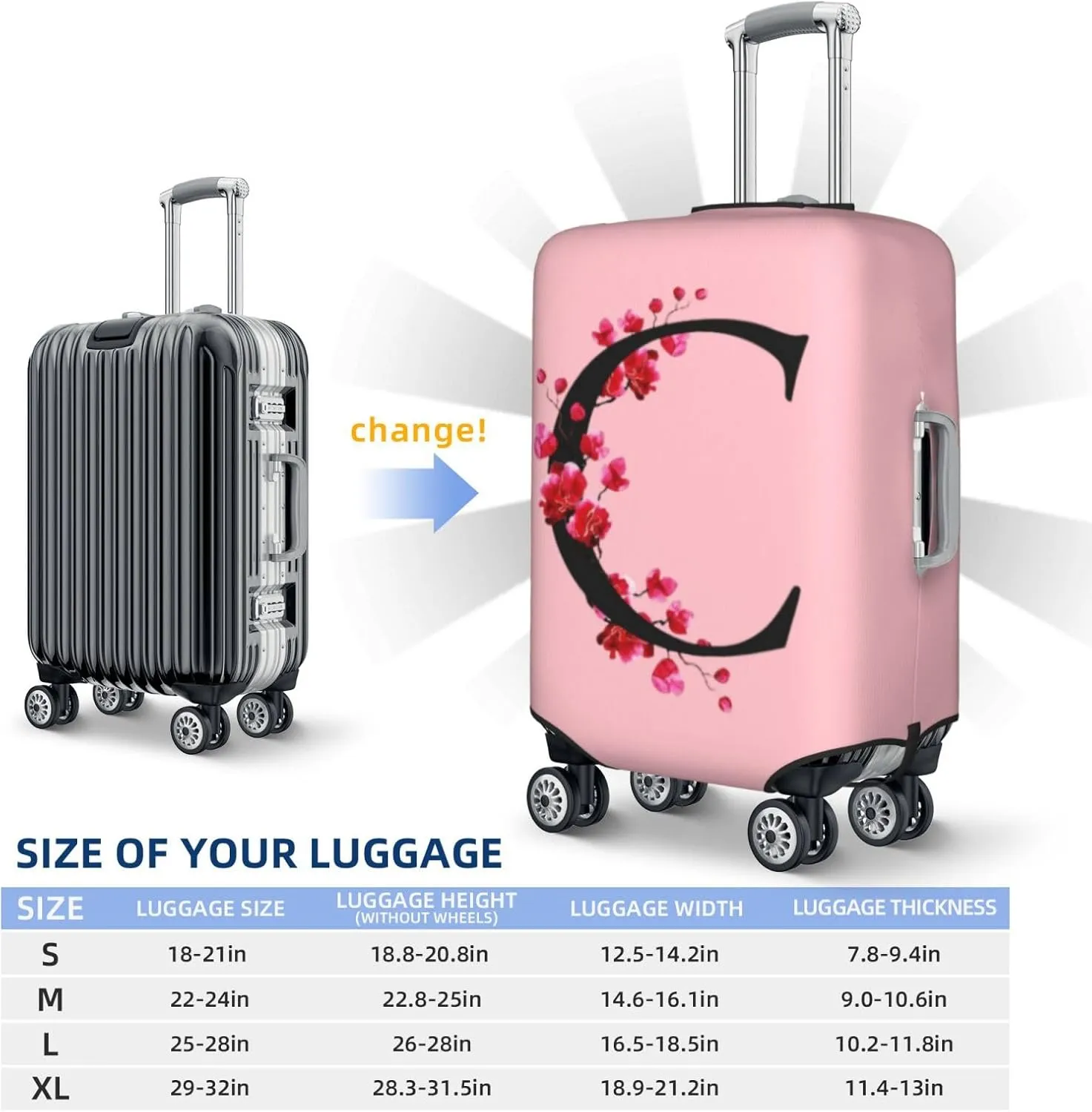 Luggage Cover Flower Letter C Pink Suitcase Protector fits 18-32inch Suitcase Cover Washable Dustproof with Concealed Zipper for Wheeled Suitcase LC115