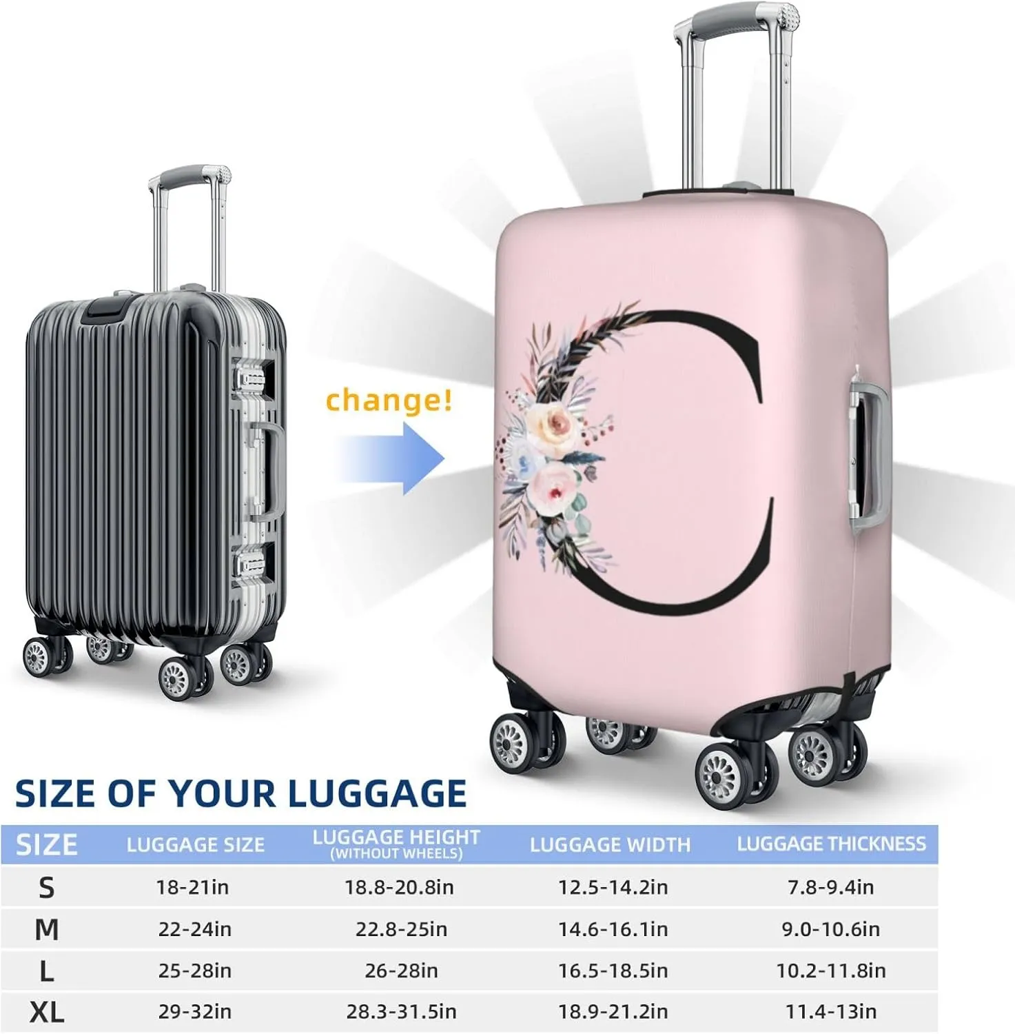 Luggage Cover Flower Letter C Pink Suitcase Protector fits 18-32inch Travel Suitcase Cover Washable Dustproof with Concealed Zipper for Wheeled Suitcase LC394