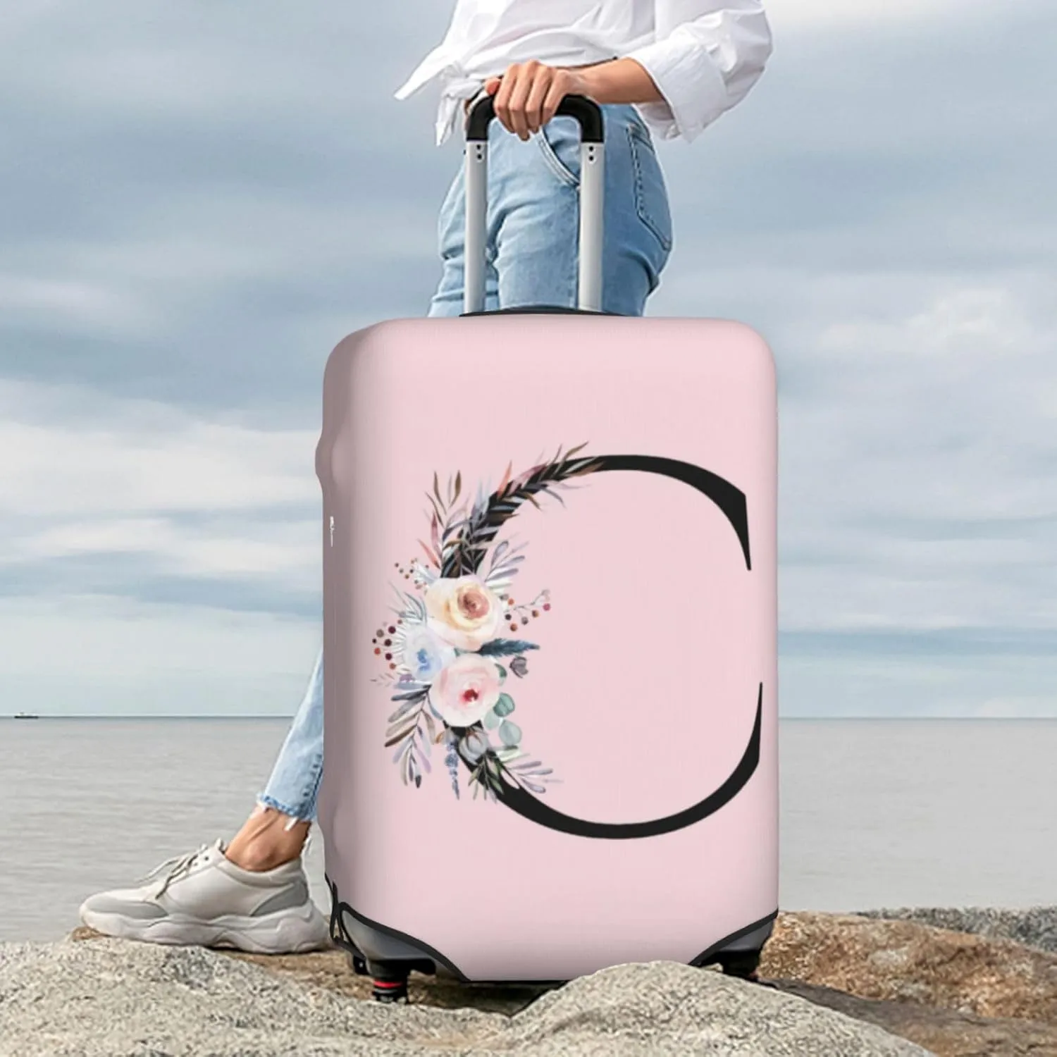 Luggage Cover Flower Letter C Pink Suitcase Protector fits 18-32inch Travel Suitcase Cover Washable Dustproof with Concealed Zipper for Wheeled Suitcase LC394