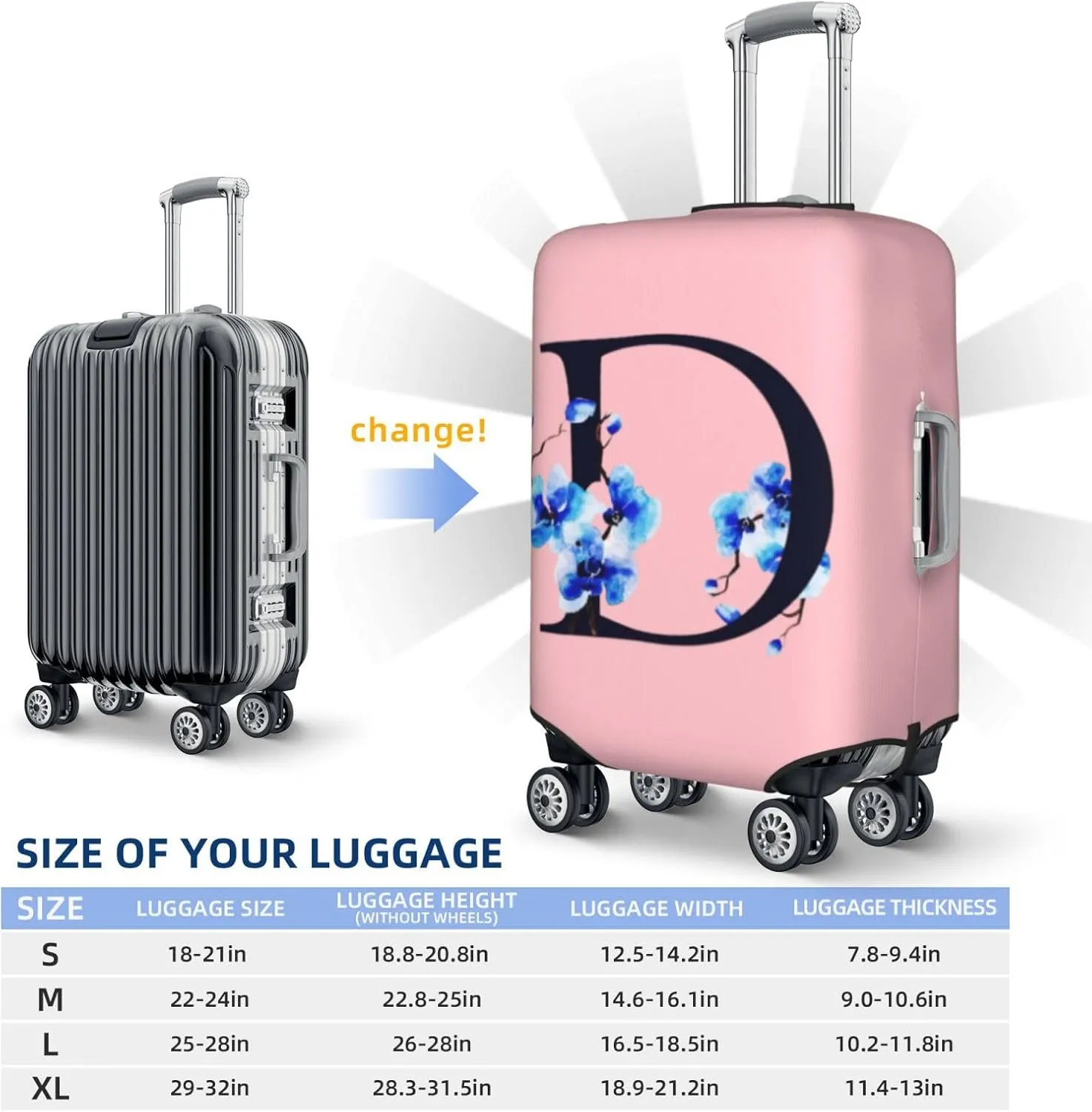 Luggage Cover Flower Letter D Pink Suitcase Protector fits 18-32inch Suitcase Cover Washable Dustproof with Concealed Zipper for Wheeled Suitcase LC119