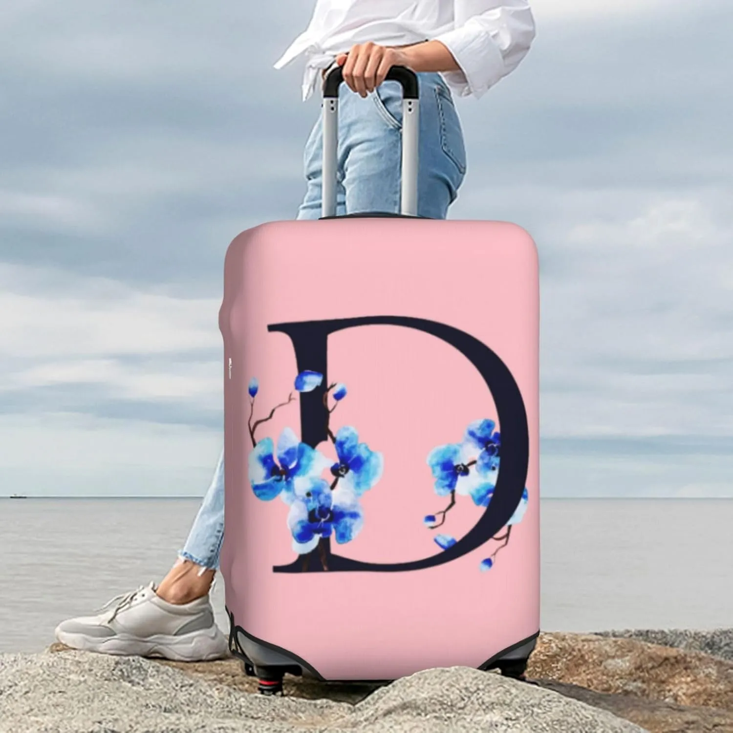 Luggage Cover Flower Letter D Pink Suitcase Protector fits 18-32inch Suitcase Cover Washable Dustproof with Concealed Zipper for Wheeled Suitcase LC119