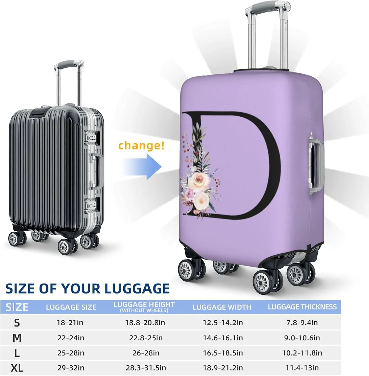 Luggage Cover Flower Letter D Purple Suitcase Protector fits 18-32inch Travel Suitcase Cover Washable Dustproof with Concealed Zipper for Wheeled Suitcase LC607