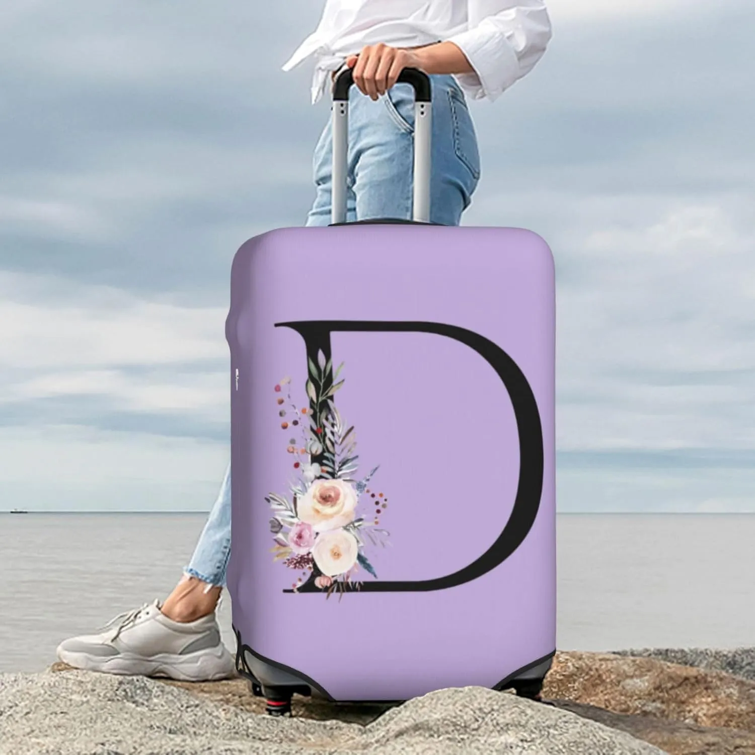 Luggage Cover Flower Letter D Purple Suitcase Protector fits 18-32inch Travel Suitcase Cover Washable Dustproof with Concealed Zipper for Wheeled Suitcase LC607