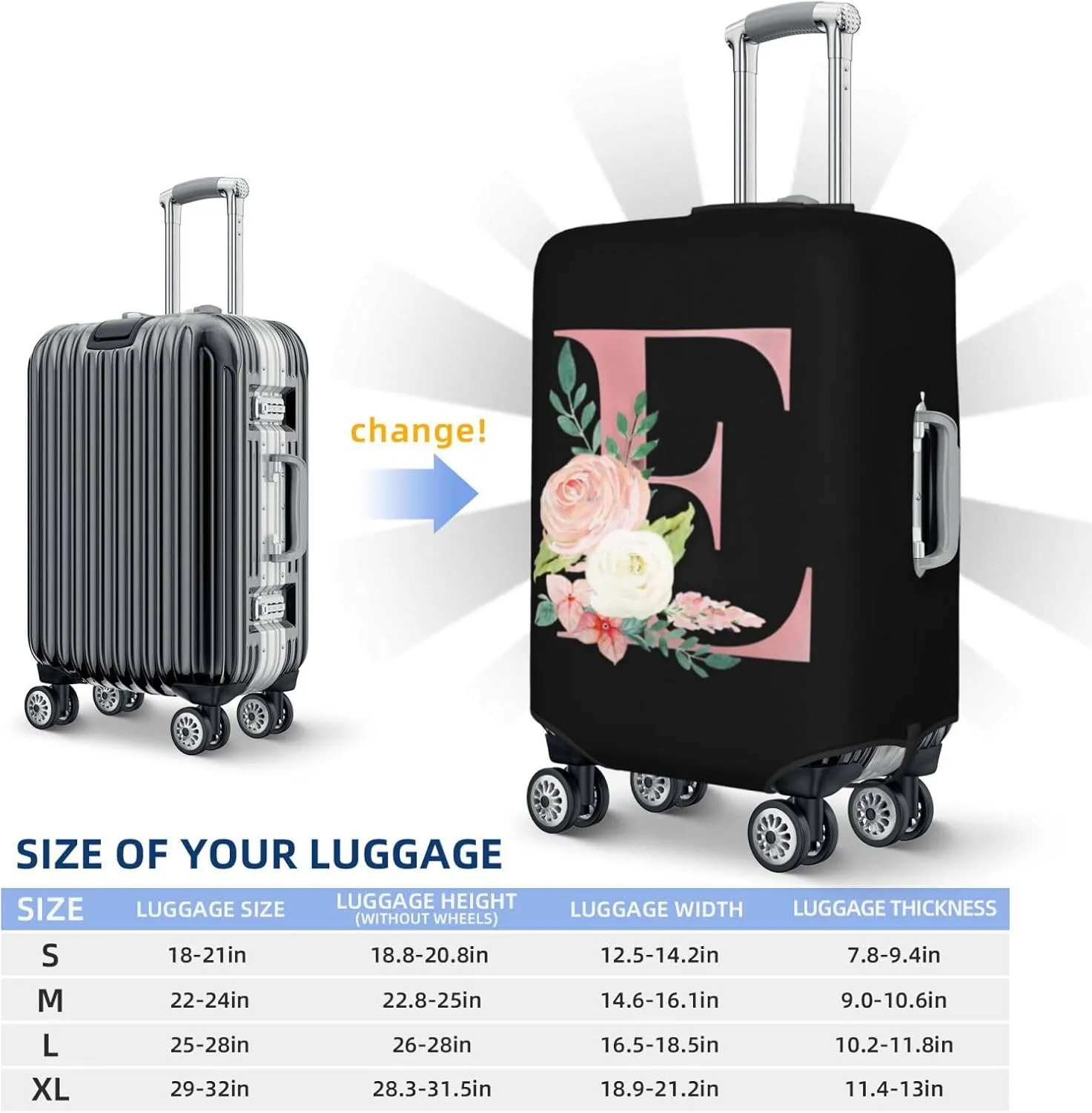 Luggage Cover Flower Letter E Black Suitcase Protector fits 18-32inch Travel Suitcase Cover Washable Dustproof with Concealed Zipper for Wheeled Suitcase LC1015