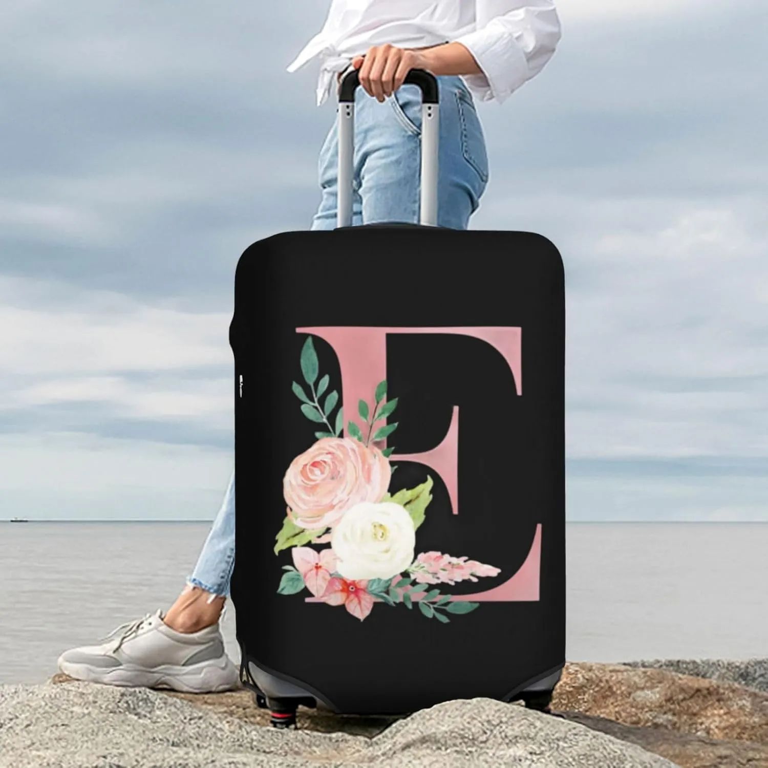 Luggage Cover Flower Letter E Black Suitcase Protector fits 18-32inch Travel Suitcase Cover Washable Dustproof with Concealed Zipper for Wheeled Suitcase LC1015