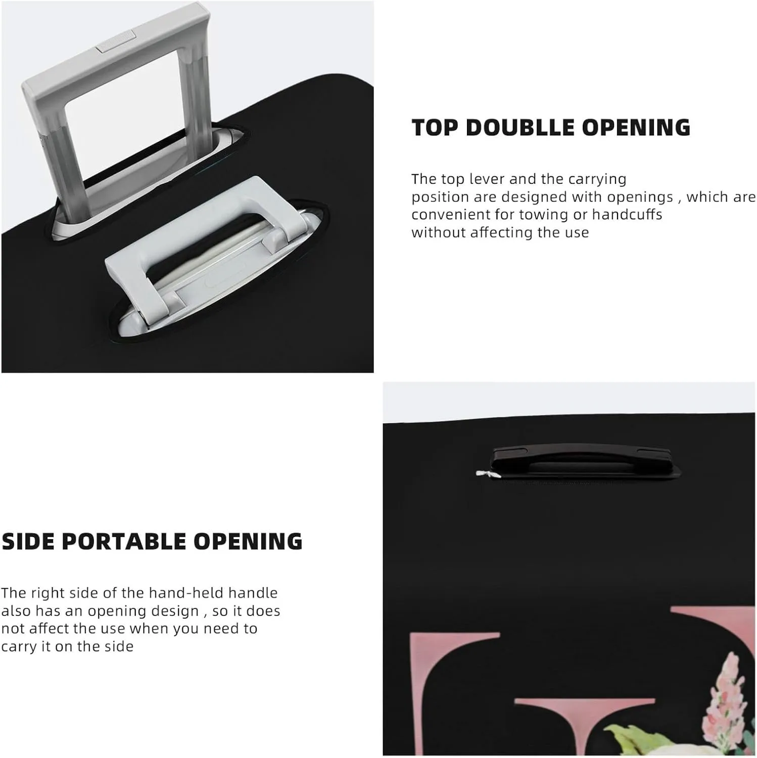 Luggage Cover Flower Letter E Black Suitcase Protector fits 18-32inch Travel Suitcase Cover Washable Dustproof with Concealed Zipper for Wheeled Suitcase LC1015