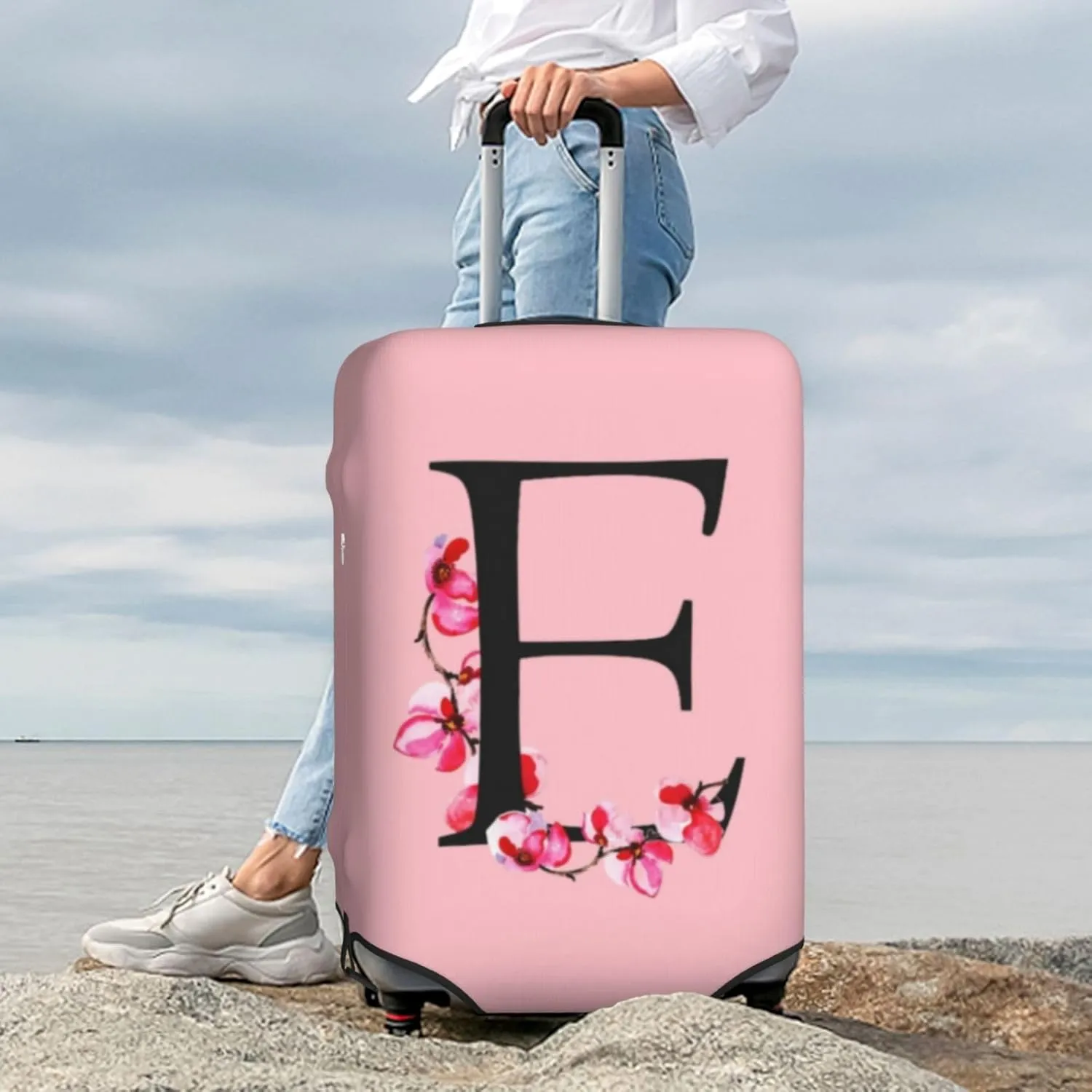 Luggage Cover Flower Letter E Pink Suitcase Protector fits 18-32inch Suitcase Cover Washable Dustproof with Concealed Zipper for Wheeled Suitcase LC123