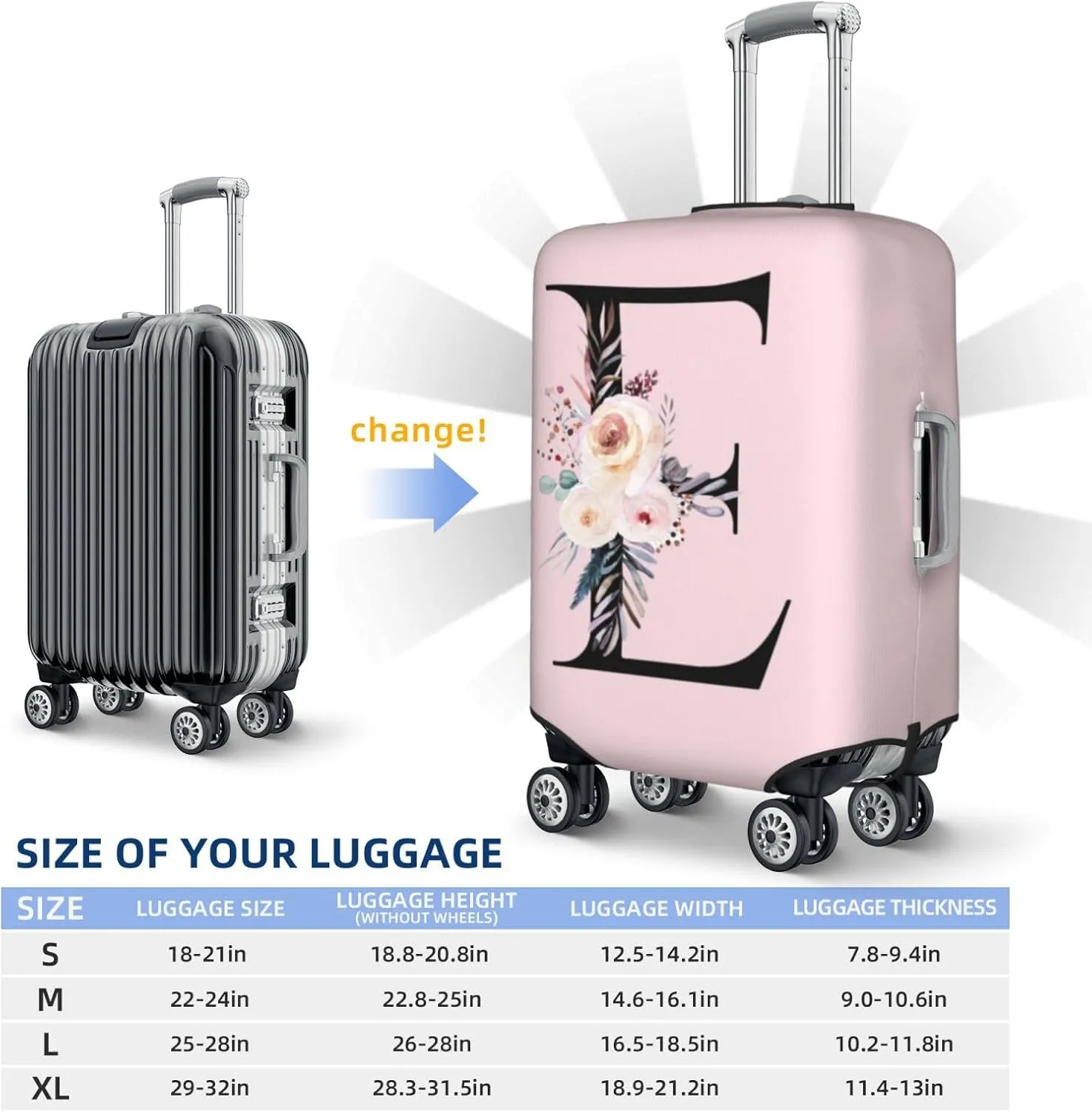 Luggage Cover Flower Letter E Pink Suitcase Protector fits 18-32inch Travel Suitcase Cover Washable Dustproof with Concealed Zipper for Wheeled Suitcase LC402