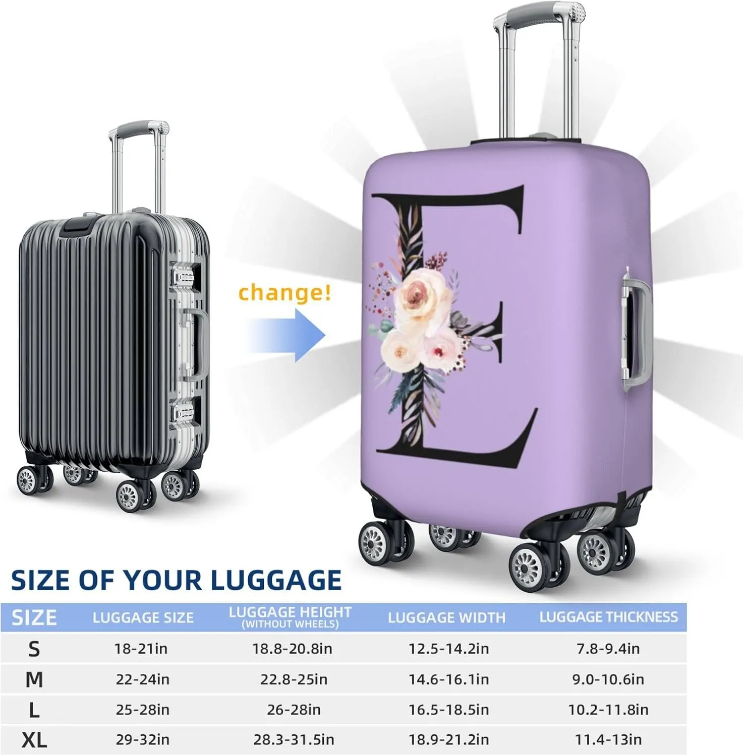 Luggage Cover Flower Letter E Purple Suitcase Protector fits 18-32inch Travel Suitcase Cover Washable Dustproof with Concealed Zipper for Wheeled Suitcase LC611