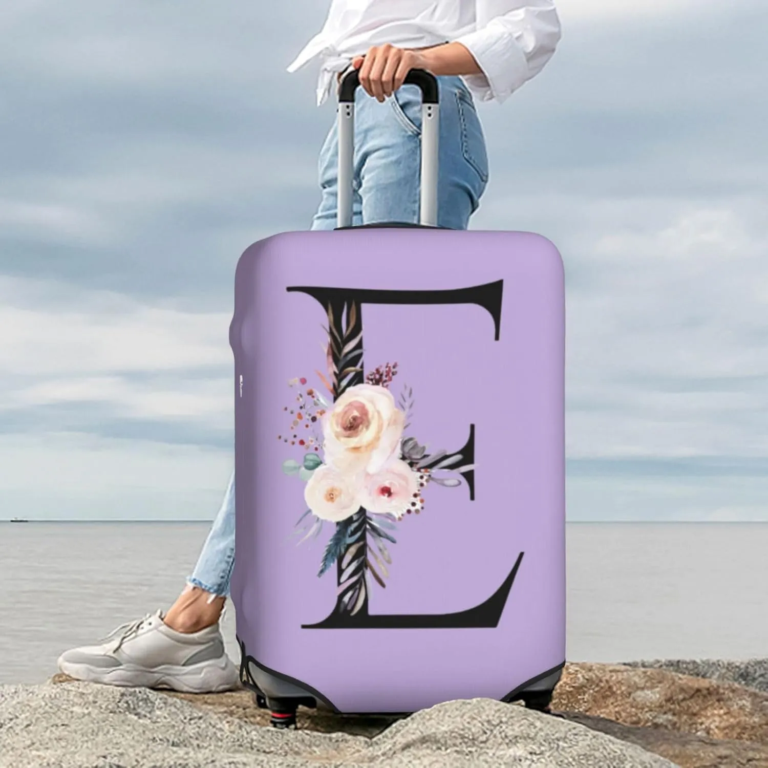 Luggage Cover Flower Letter E Purple Suitcase Protector fits 18-32inch Travel Suitcase Cover Washable Dustproof with Concealed Zipper for Wheeled Suitcase LC611