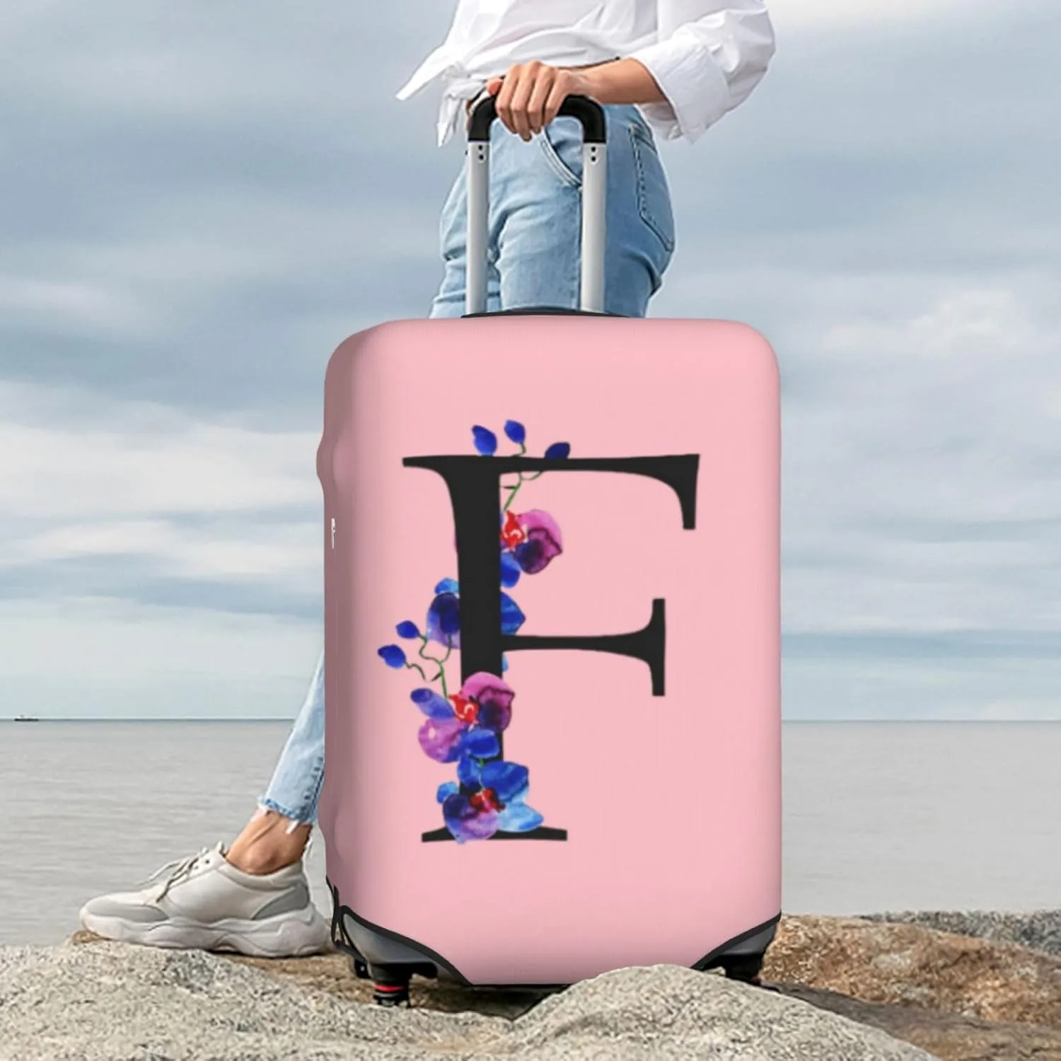 Luggage Cover Flower Letter F Pink Suitcase Protector fits 18-32inch Suitcase Cover Washable Dustproof with Concealed Zipper for Wheeled Suitcase LC127