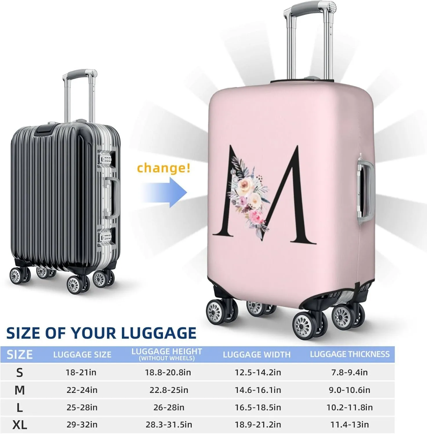 Luggage Cover Flower Letter M Pink Suitcase Protector fits 18-32inch Travel Suitcase Cover Washable Dustproof with Concealed Zipper for Wheeled Suitcase LC434