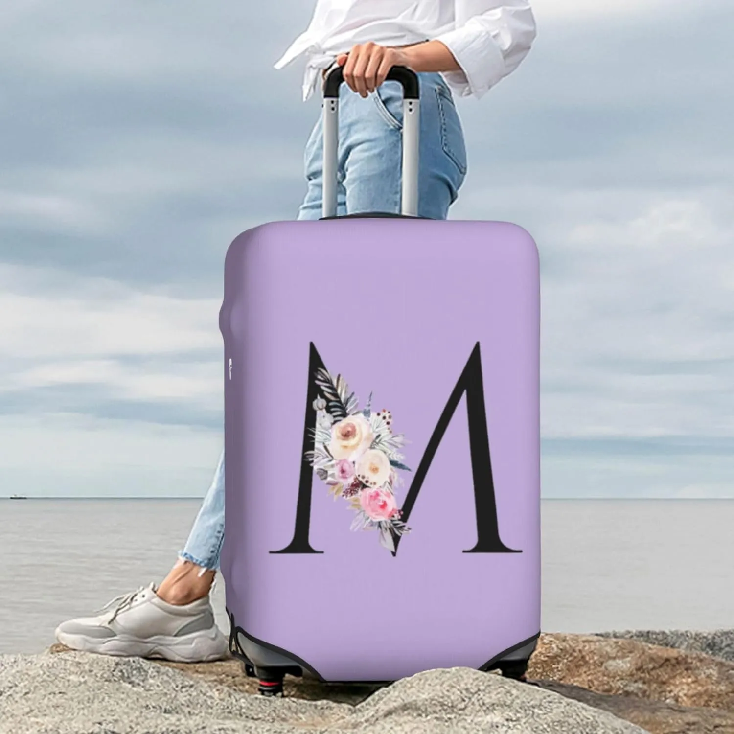 Luggage Cover Flower Letter M Purple Suitcase Protector fits 18-32inch Travel Suitcase Cover Washable Dustproof with Concealed Zipper for Wheeled Suitcase LC643
