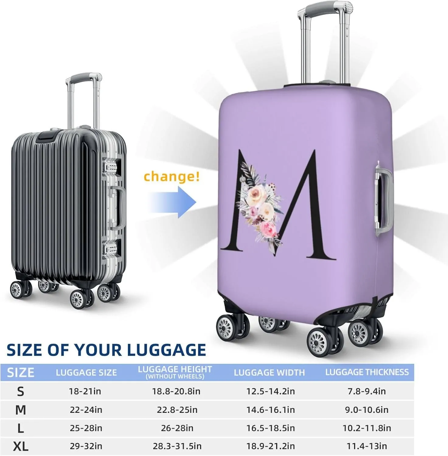 Luggage Cover Flower Letter M Purple Suitcase Protector fits 18-32inch Travel Suitcase Cover Washable Dustproof with Concealed Zipper for Wheeled Suitcase LC643