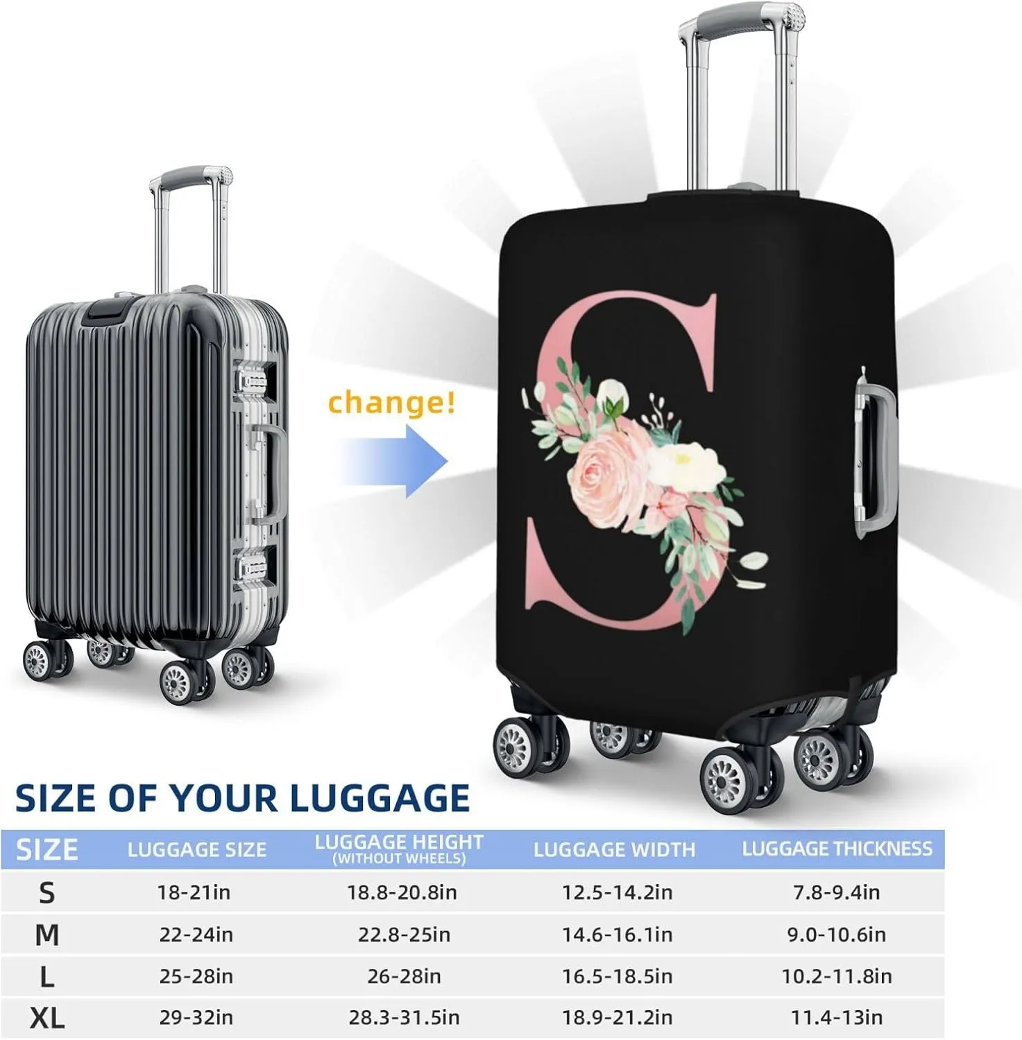 Luggage Cover Flower Letter S Black Suitcase Protector fits 18-32inch Travel Suitcase Cover Washable Dustproof with Concealed Zipper for Wheeled Suitcase LC1071