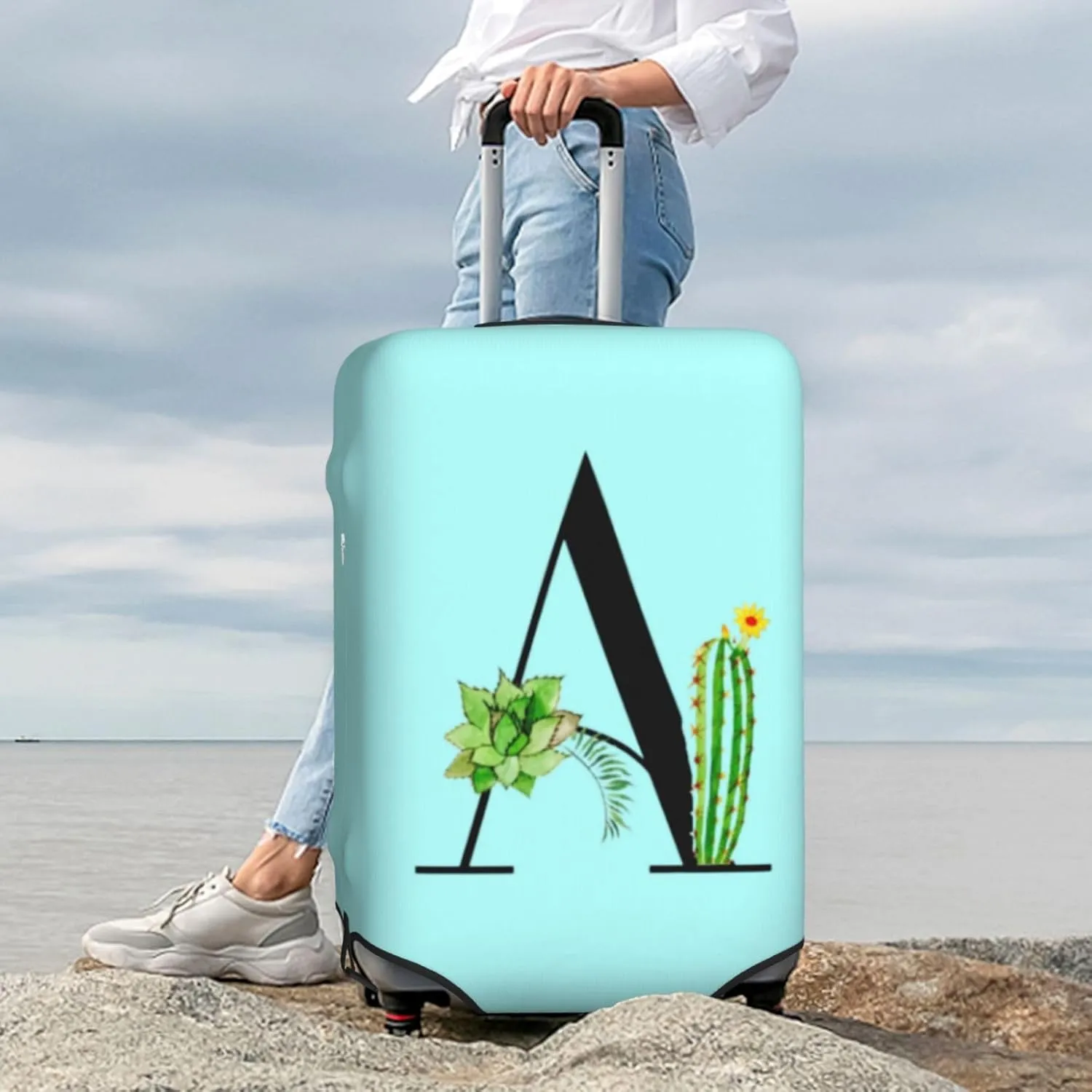 Luggage Cover Plant Letter A Blue Suitcase Protector fits 18-32inch Suitcase Cover Washable Dustproof with Concealed Zipper for Wheeled Suitcase LC211