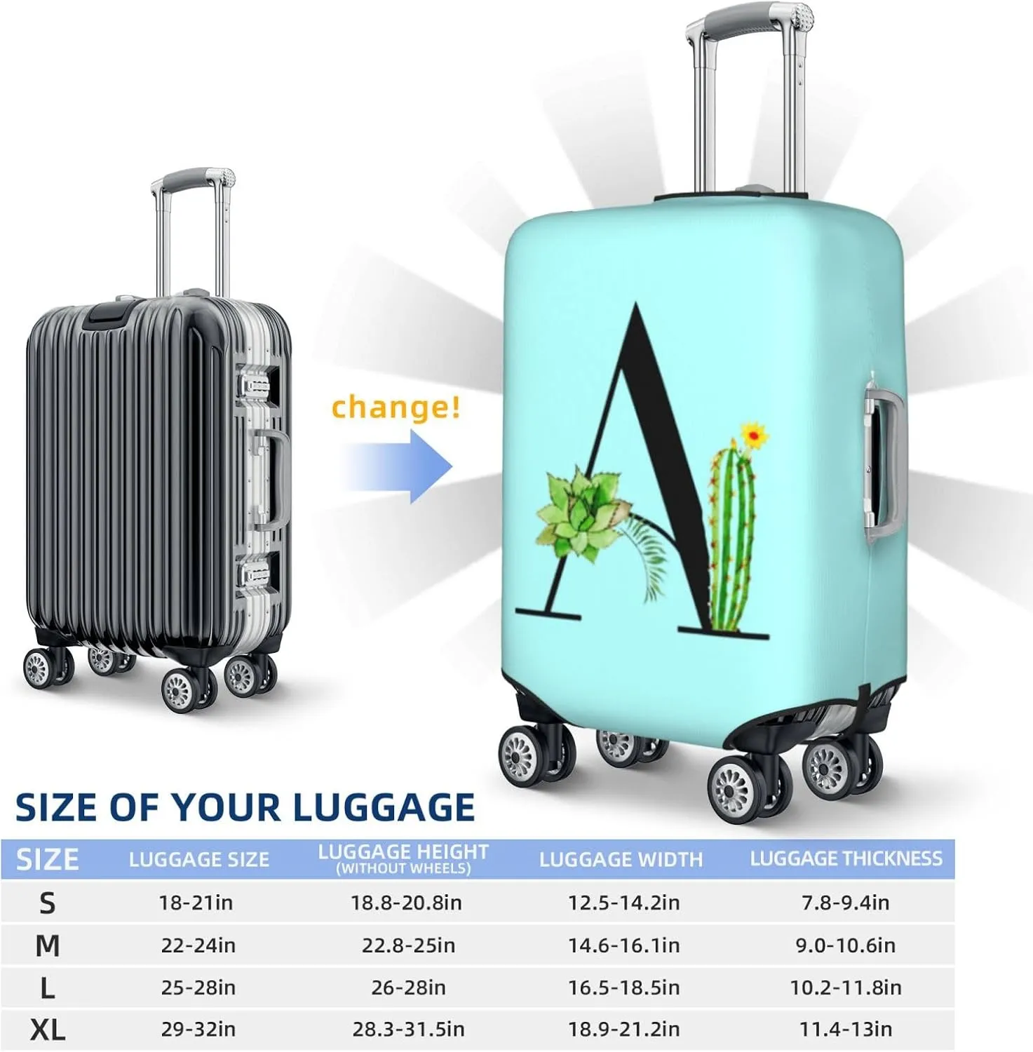 Luggage Cover Plant Letter A Blue Suitcase Protector fits 18-32inch Suitcase Cover Washable Dustproof with Concealed Zipper for Wheeled Suitcase LC211