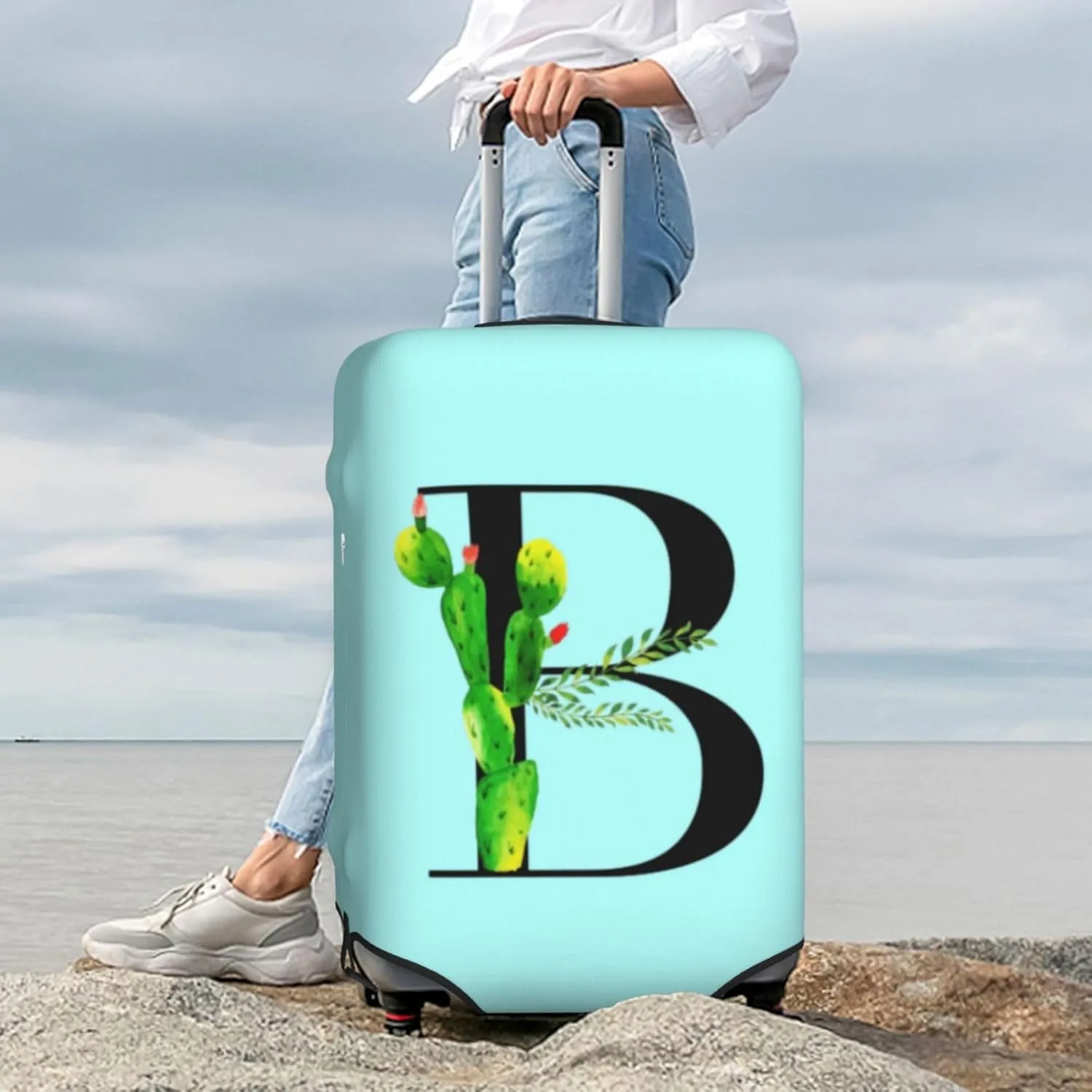 Luggage Cover Plant Letter B Blue Suitcase Protector fits 18-32inch Suitcase Cover Washable Dustproof with Concealed Zipper for Wheeled Suitcase LC215