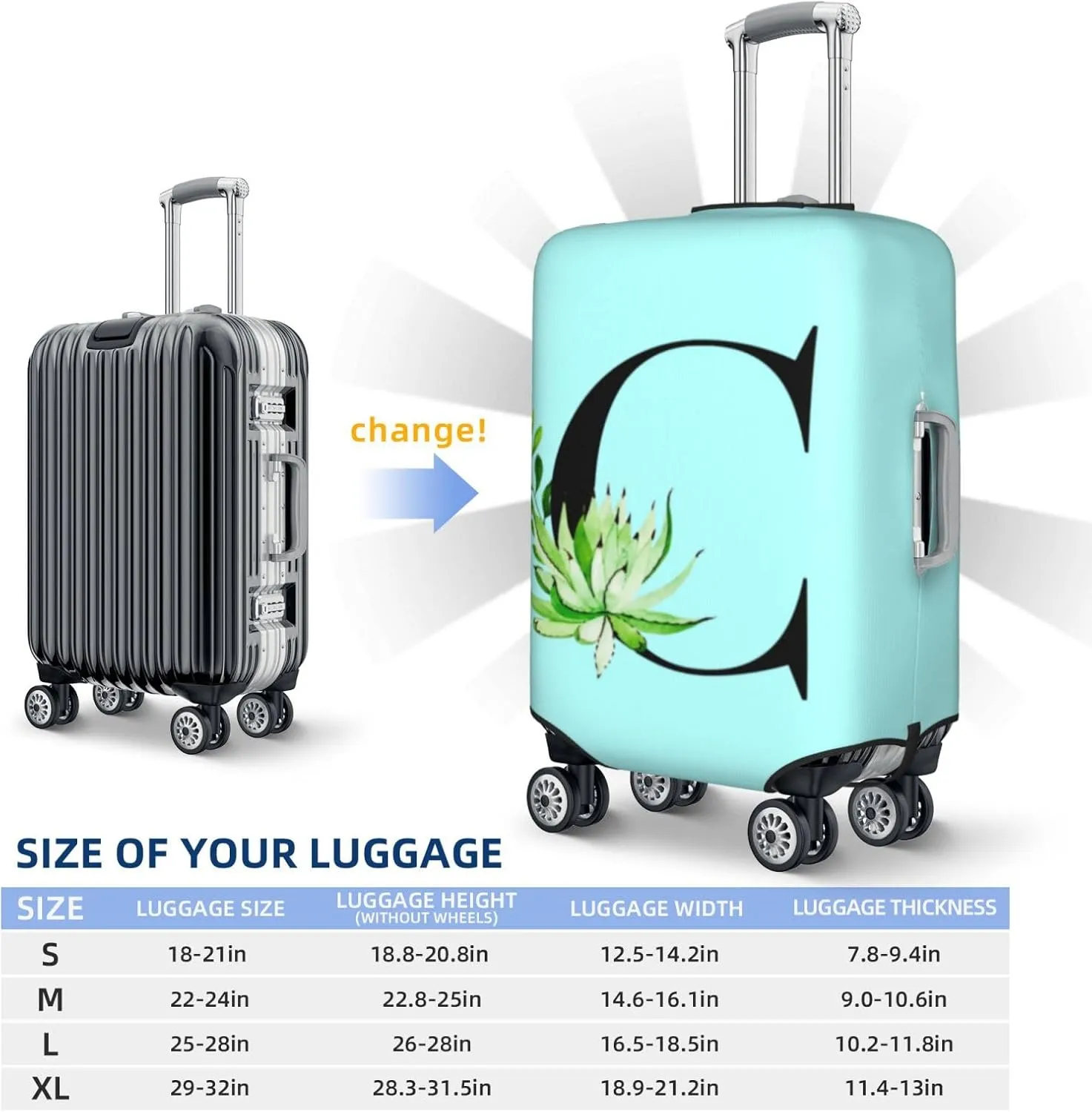 Luggage Cover Plant Letter C Blue Suitcase Protector fits 18-32inch Suitcase Cover Washable Dustproof with Concealed Zipper for Wheeled Suitcase LC219