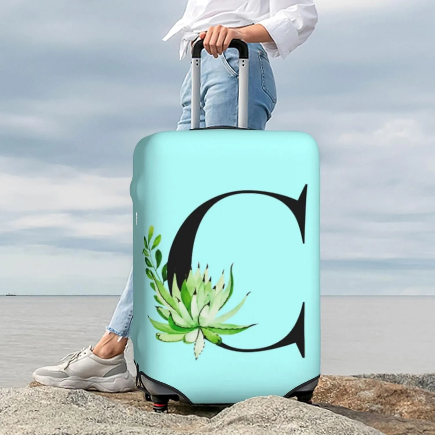Luggage Cover Plant Letter C Blue Suitcase Protector fits 18-32inch Suitcase Cover Washable Dustproof with Concealed Zipper for Wheeled Suitcase LC219