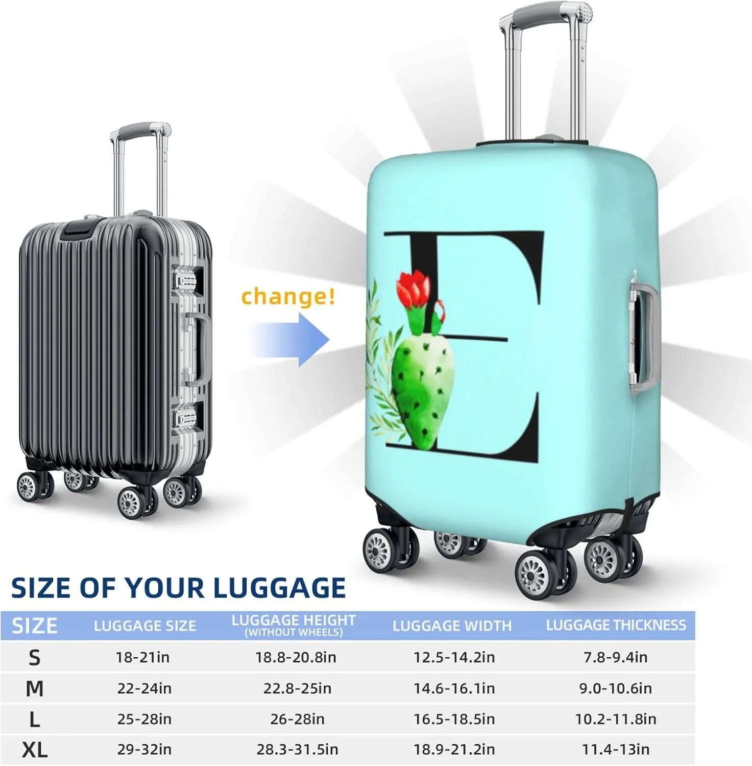Luggage Cover Plant Letter E Blue Suitcase Protector fits 18-32inch Suitcase Cover Washable Dustproof with Concealed Zipper for Wheeled Suitcase LC227