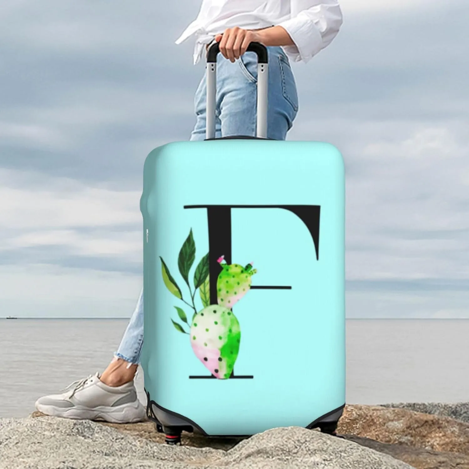 Luggage Cover Plant Letter F Blue Suitcase Protector fits 18-32inch Suitcase Cover Washable Dustproof with Concealed Zipper for Wheeled Suitcase LC231