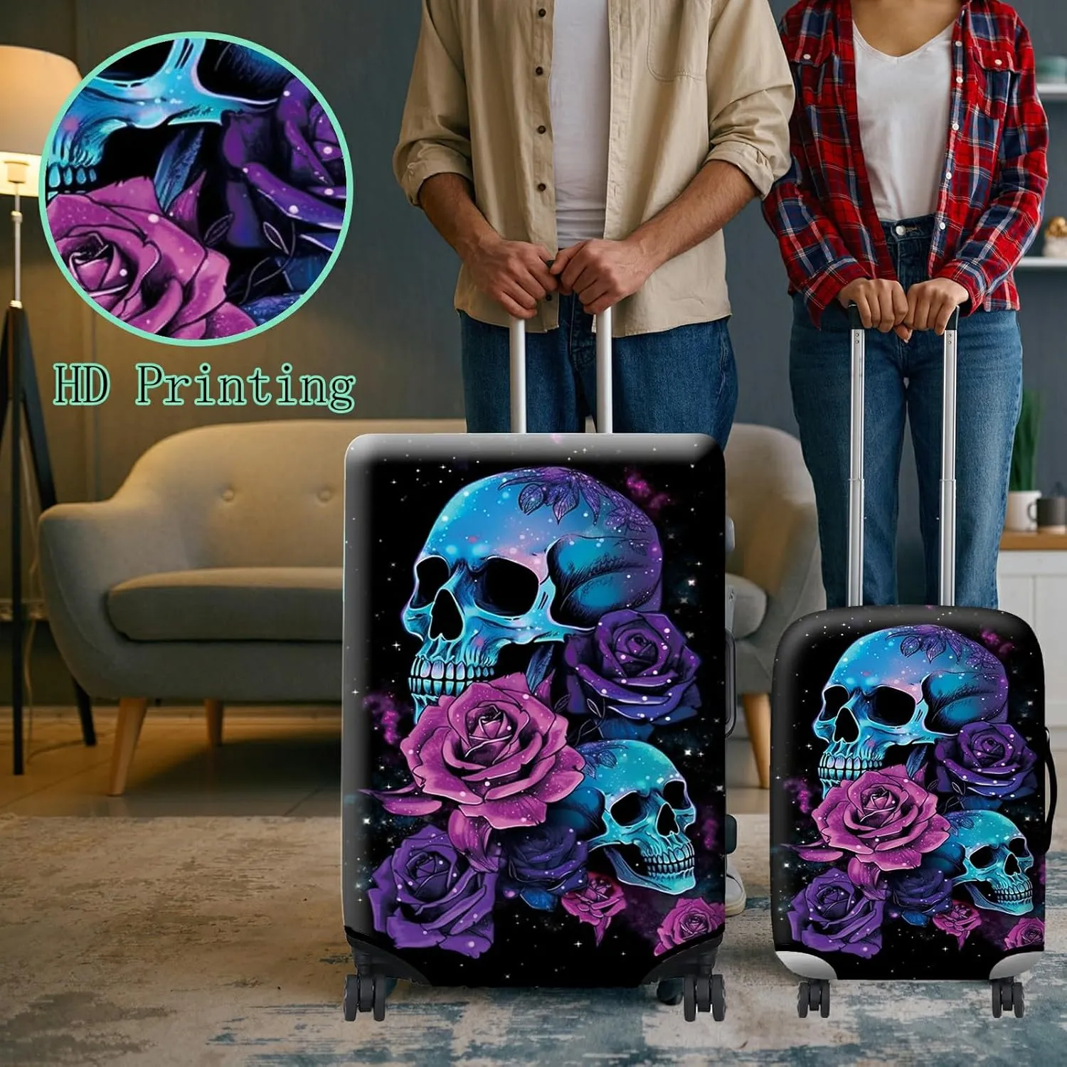 Luggage Cover Suitcase Protector Plus 1 Luggage Tag, Sugar Skull Rose Travel Suitcase Cover Suitable for 22-25 inch Luggage (M) with Concealed Zipper Washable Elastic Cloth Dustproof Anti-Scratch