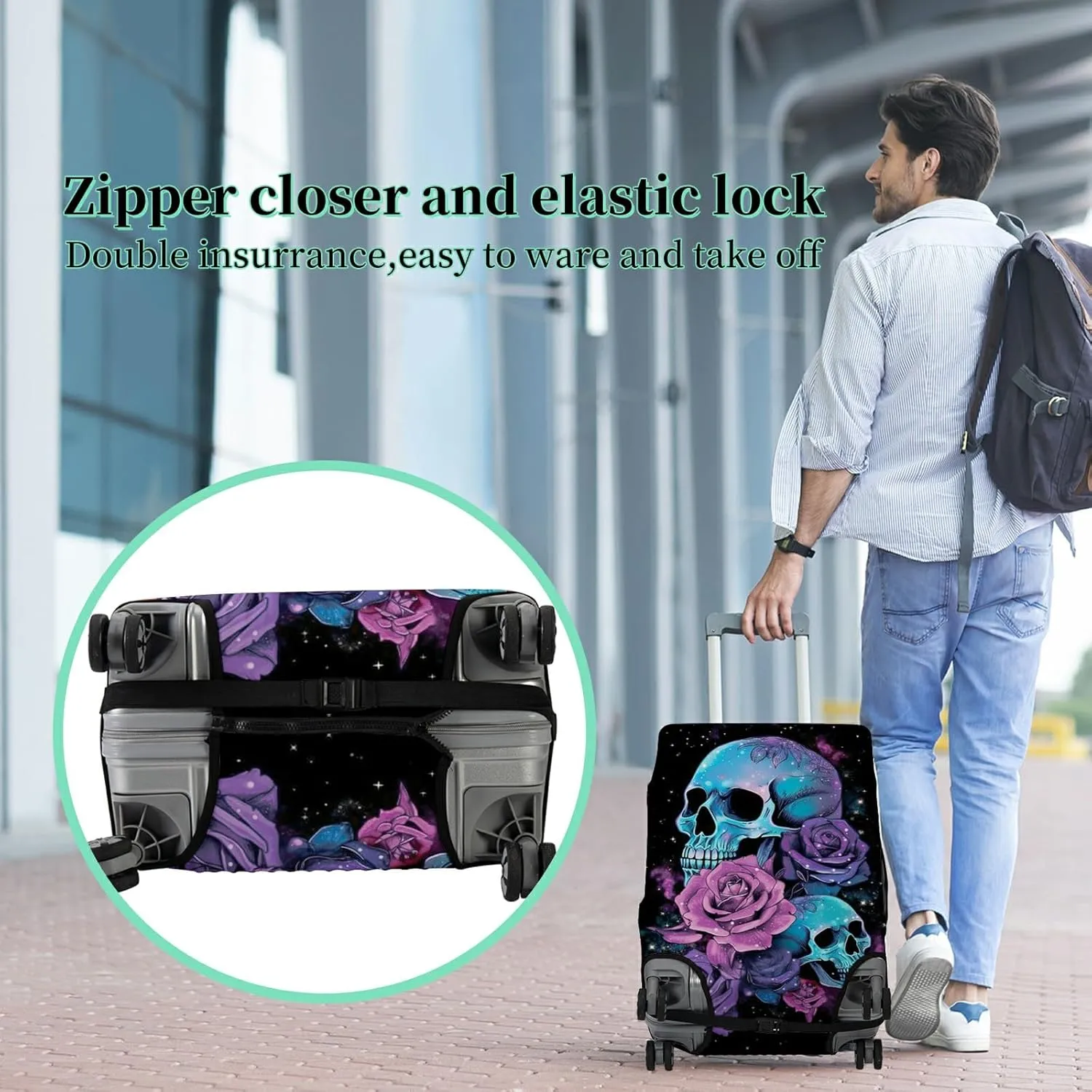 Luggage Cover Suitcase Protector Plus 1 Luggage Tag, Sugar Skull Rose Travel Suitcase Cover Suitable for 22-25 inch Luggage (M) with Concealed Zipper Washable Elastic Cloth Dustproof Anti-Scratch