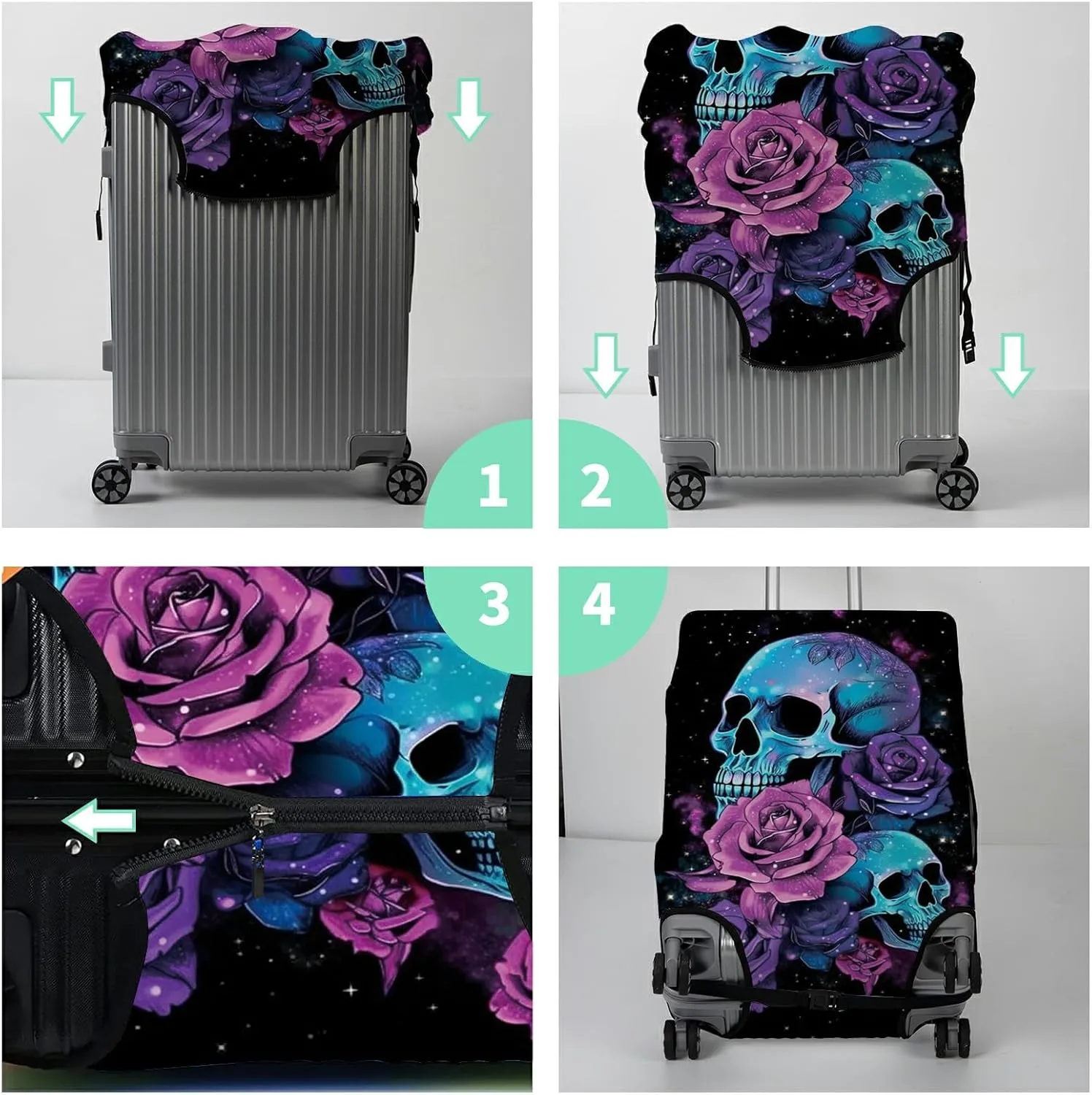 Luggage Cover Suitcase Protector Plus 1 Luggage Tag, Sugar Skull Rose Travel Suitcase Cover Suitable for 22-25 inch Luggage (M) with Concealed Zipper Washable Elastic Cloth Dustproof Anti-Scratch
