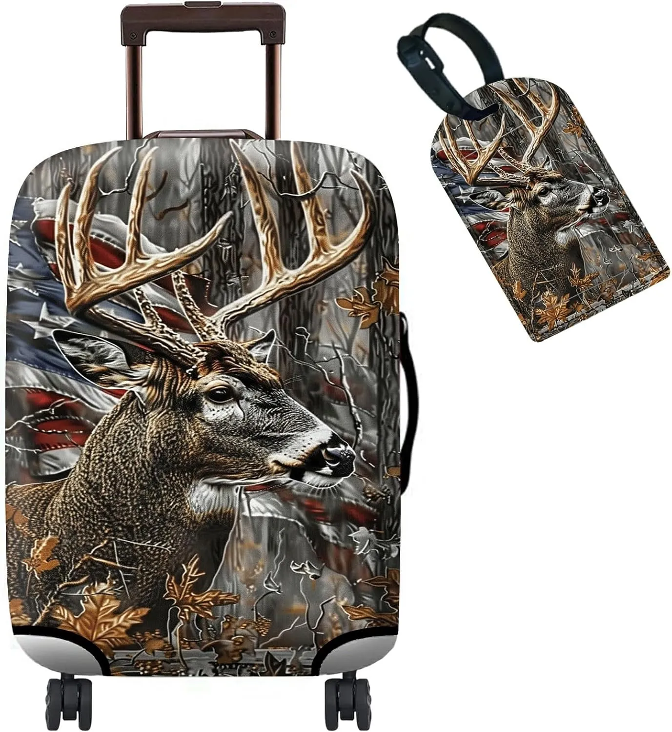 Luggage Cover Suitcase Protector   Tag, Camo Deer Flag Travel Suitcase Cover for 20 inch Luggage (S) with Concealed Zipper Washable Elastic Cloth Dustproof Anti-Scratch
